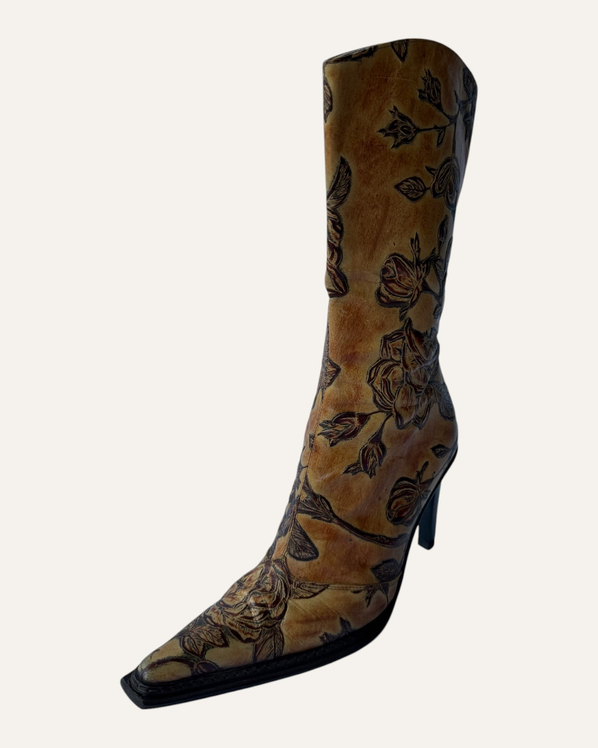 Andrew Stevens vintage camel leather mid-calf stiletto boot with tooled brown rose design and pointed western toe