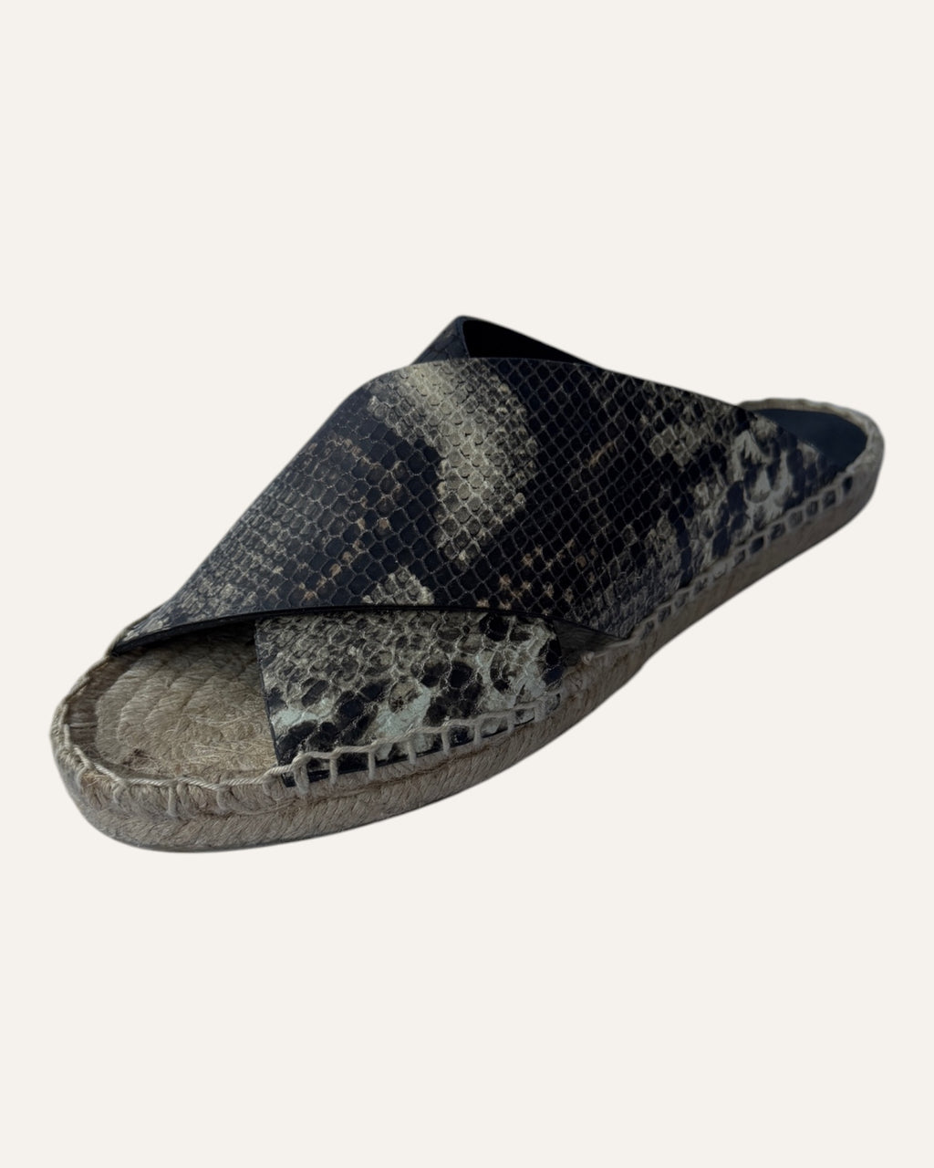 Vince snake-print leather slide sandals with wide crisscross straps and woven jute espadrille soles