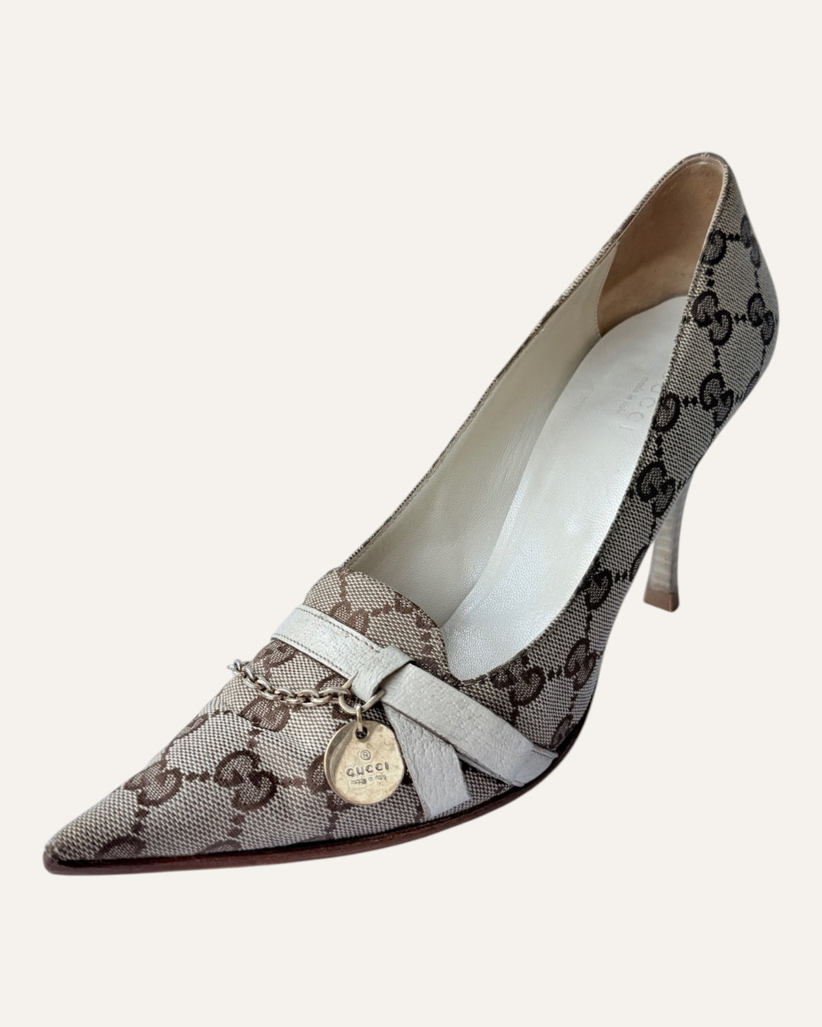 Gucci GG Canvas Pointed-Toe Pumps with Chain Charm, Size 7.5