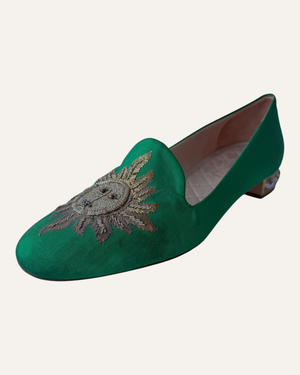 Aquazzura green loafers with metallic gold embroidered sun face and beaded details on the toes