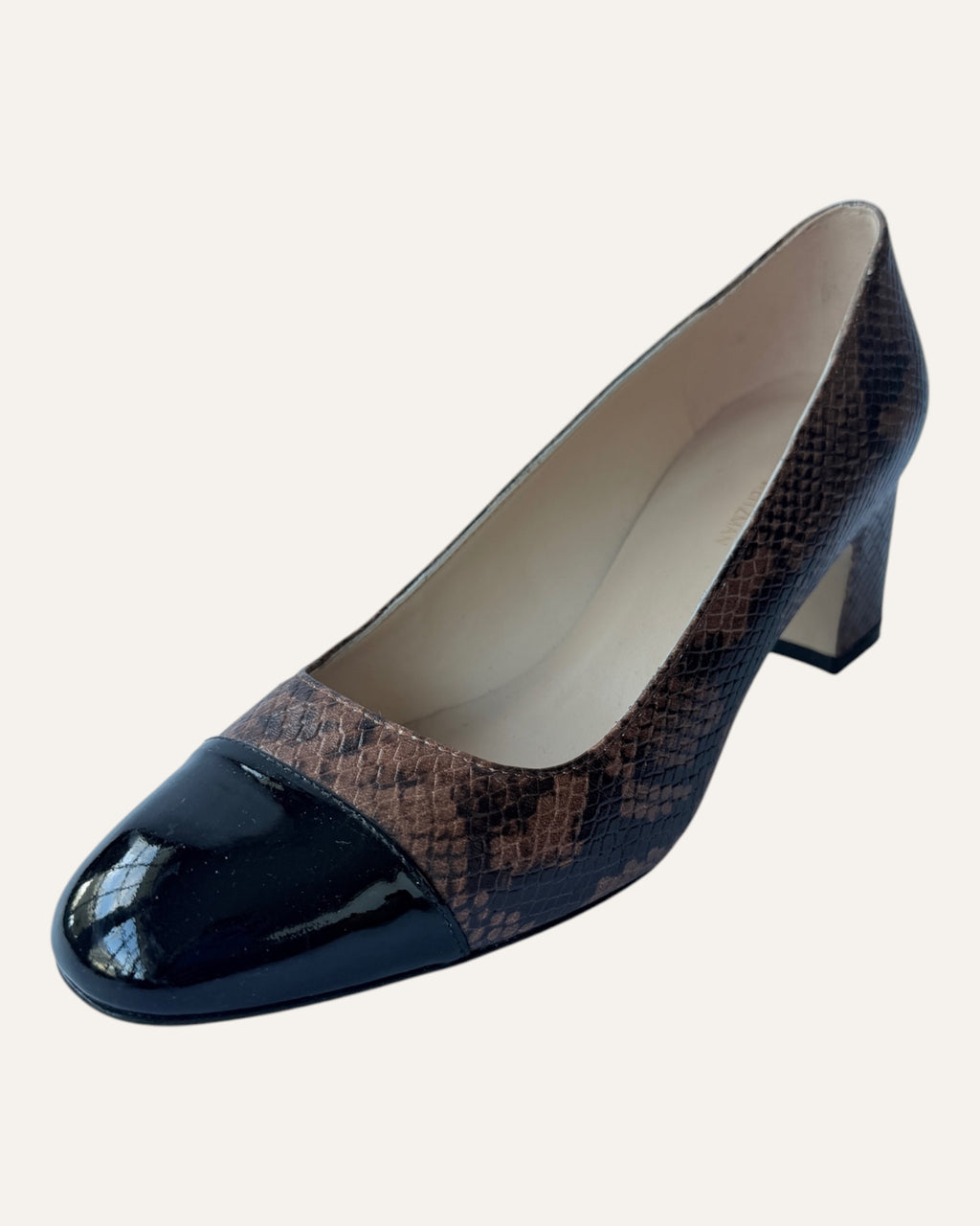 Stuart Weitzman brown snake-embossed leather pumps with black patent cap toes