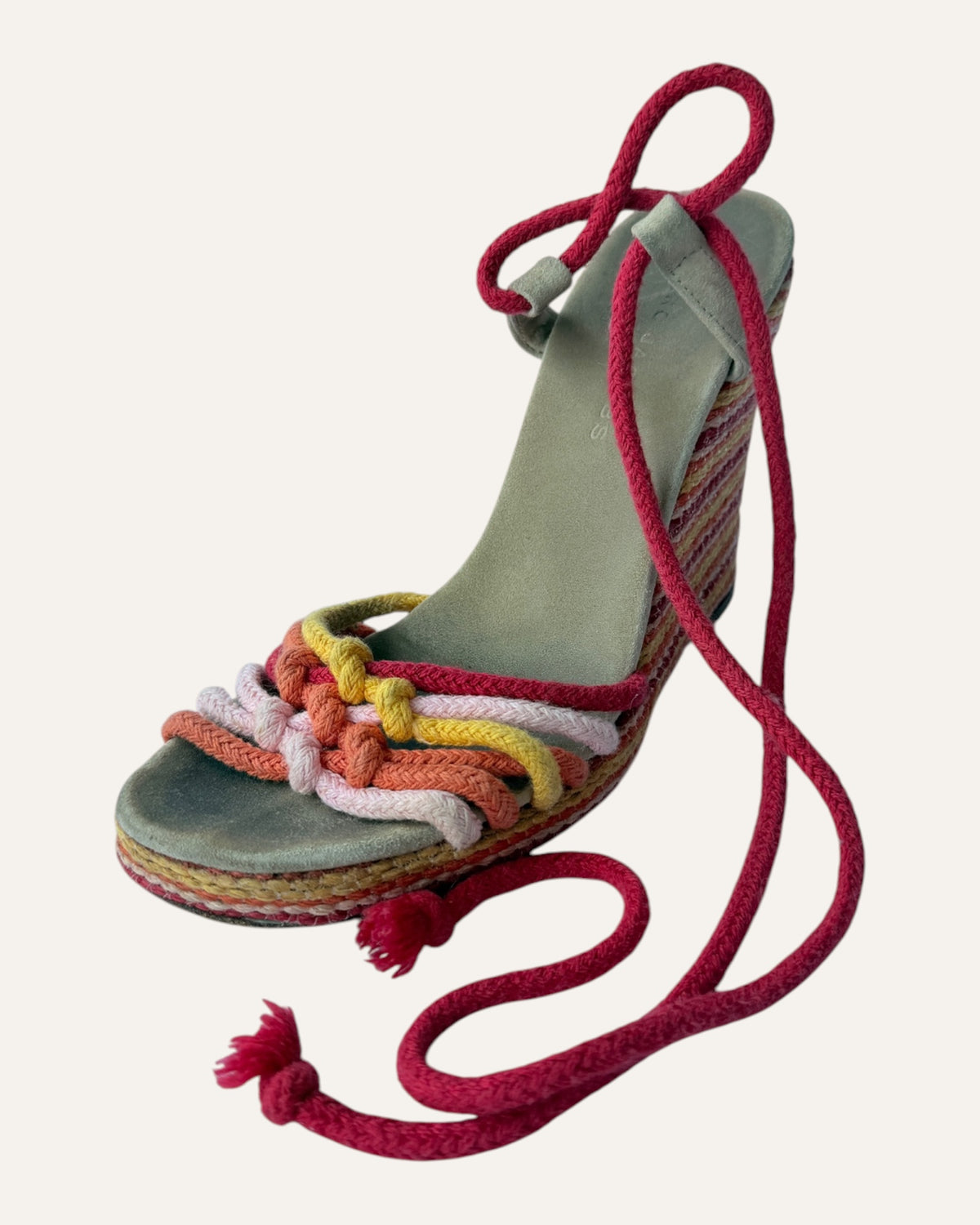 Vintage Marc Jacobs multicolor rope wedge sandal with braided toe straps, red wraparound ankle ties, and striped espadrille wedge