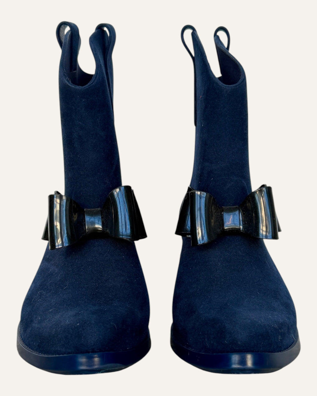 Vivienne Westwood Anglomania x Melissa navy molded ankle boots with oversized glossy black bow and Orb detail