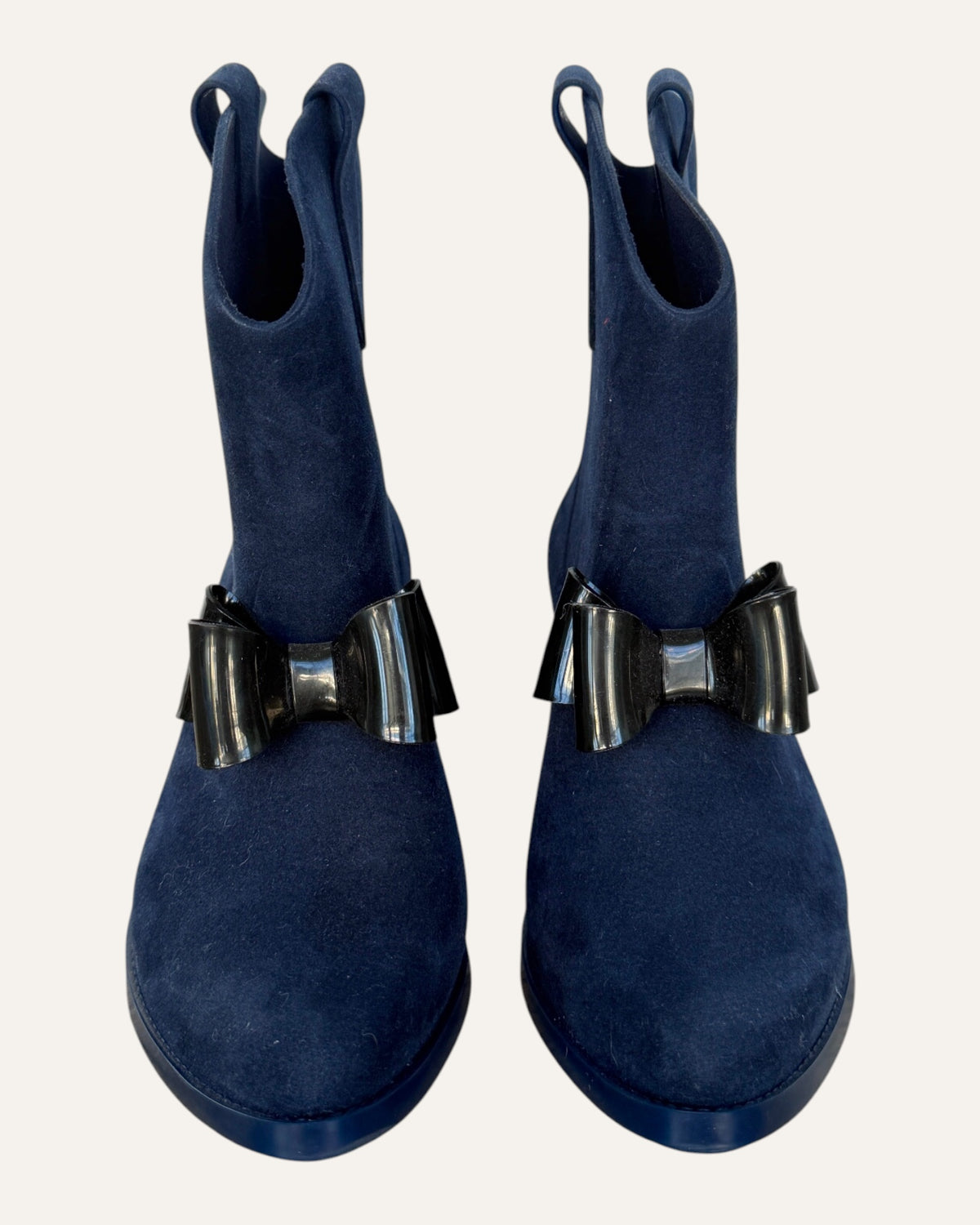 Vivienne Westwood Anglomania x Melissa navy molded ankle boots with oversized glossy black bow and Orb detail