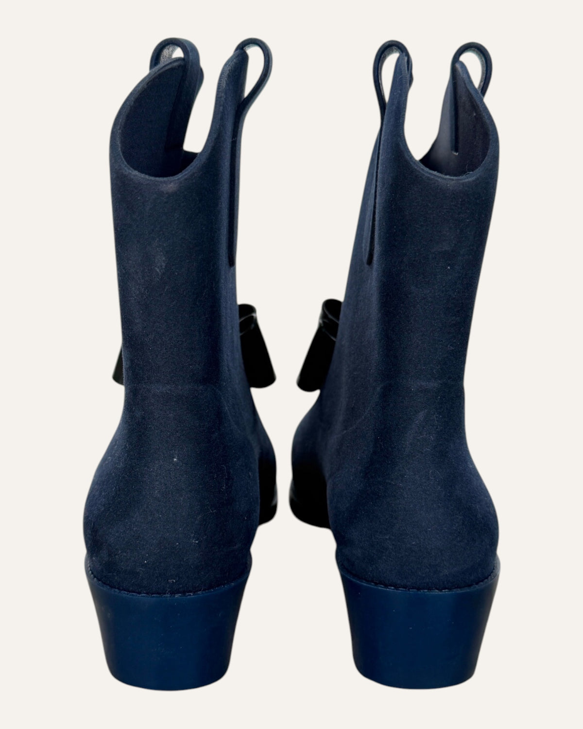Vivienne Westwood Anglomania x Melissa navy molded ankle boots with oversized glossy black bow and Orb detail