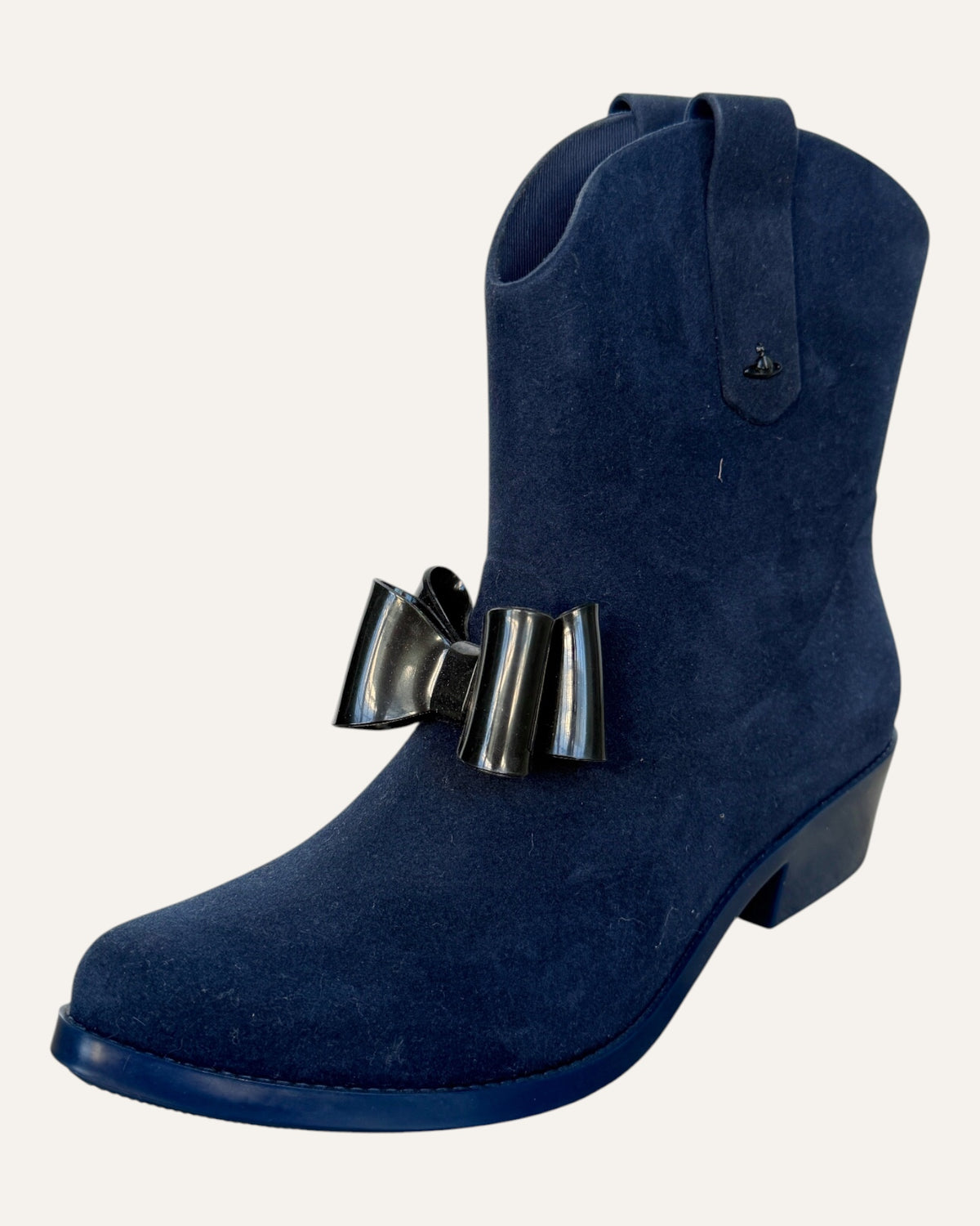 Vivienne Westwood Anglomania x Melissa navy molded ankle boots with oversized glossy black bow and Orb detail