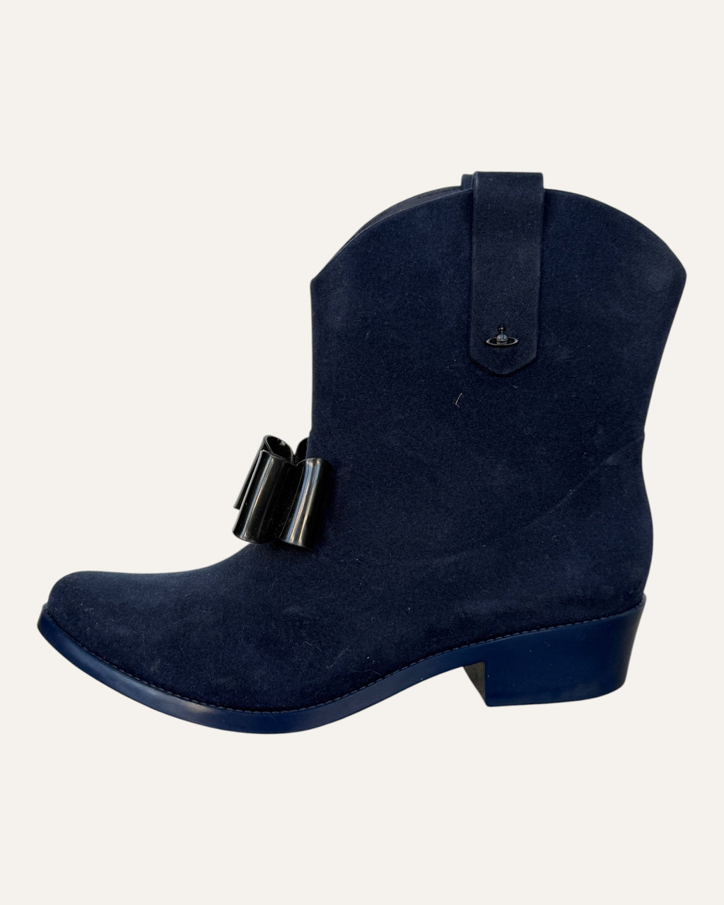 Vivienne Westwood Anglomania x Melissa navy molded ankle boots with oversized glossy black bow and Orb detail