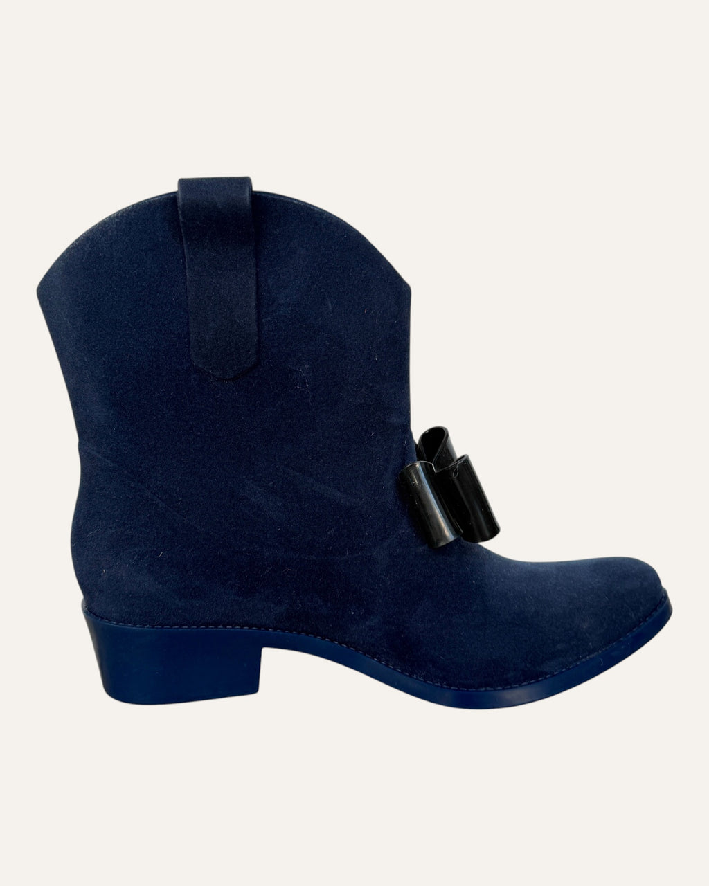Vivienne Westwood Anglomania x Melissa navy molded ankle boots with oversized glossy black bow and Orb detail
