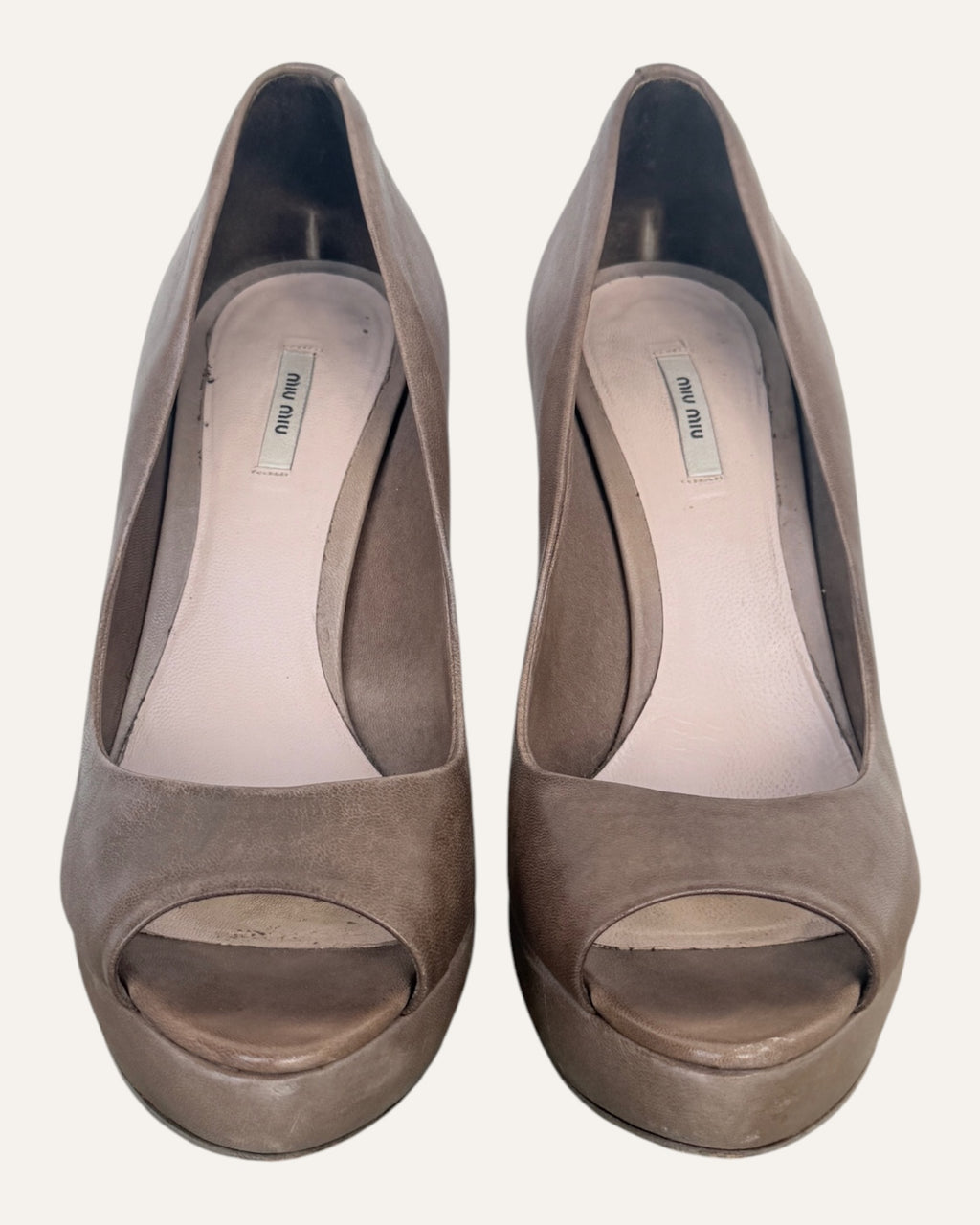 Miu Miu peep toe pumps, side view, washed nappa leather platform heel