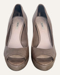 Miu Miu peep toe pumps, side view, washed nappa leather platform heel