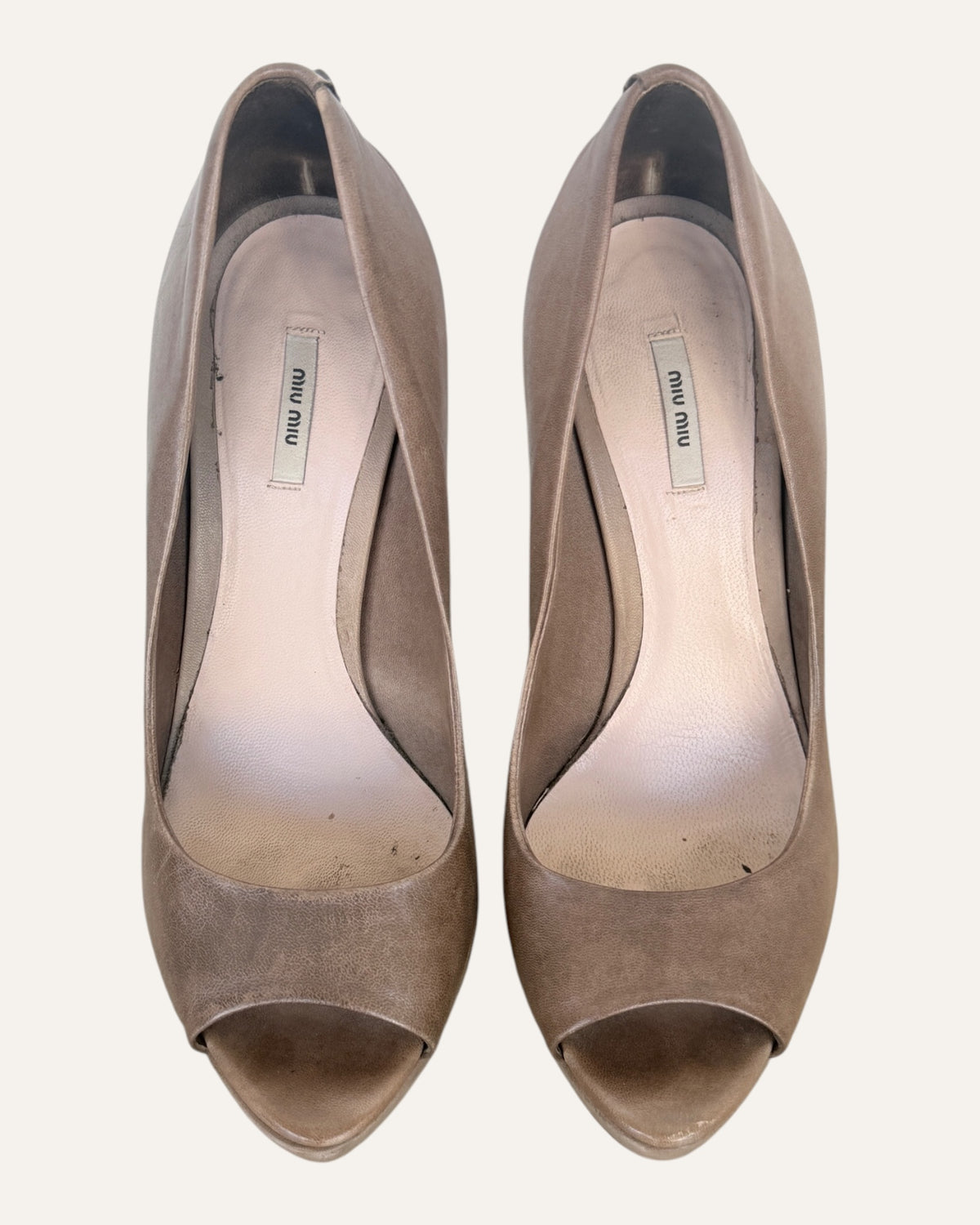 Miu Miu peep toe pumps, side view, washed nappa leather platform heel