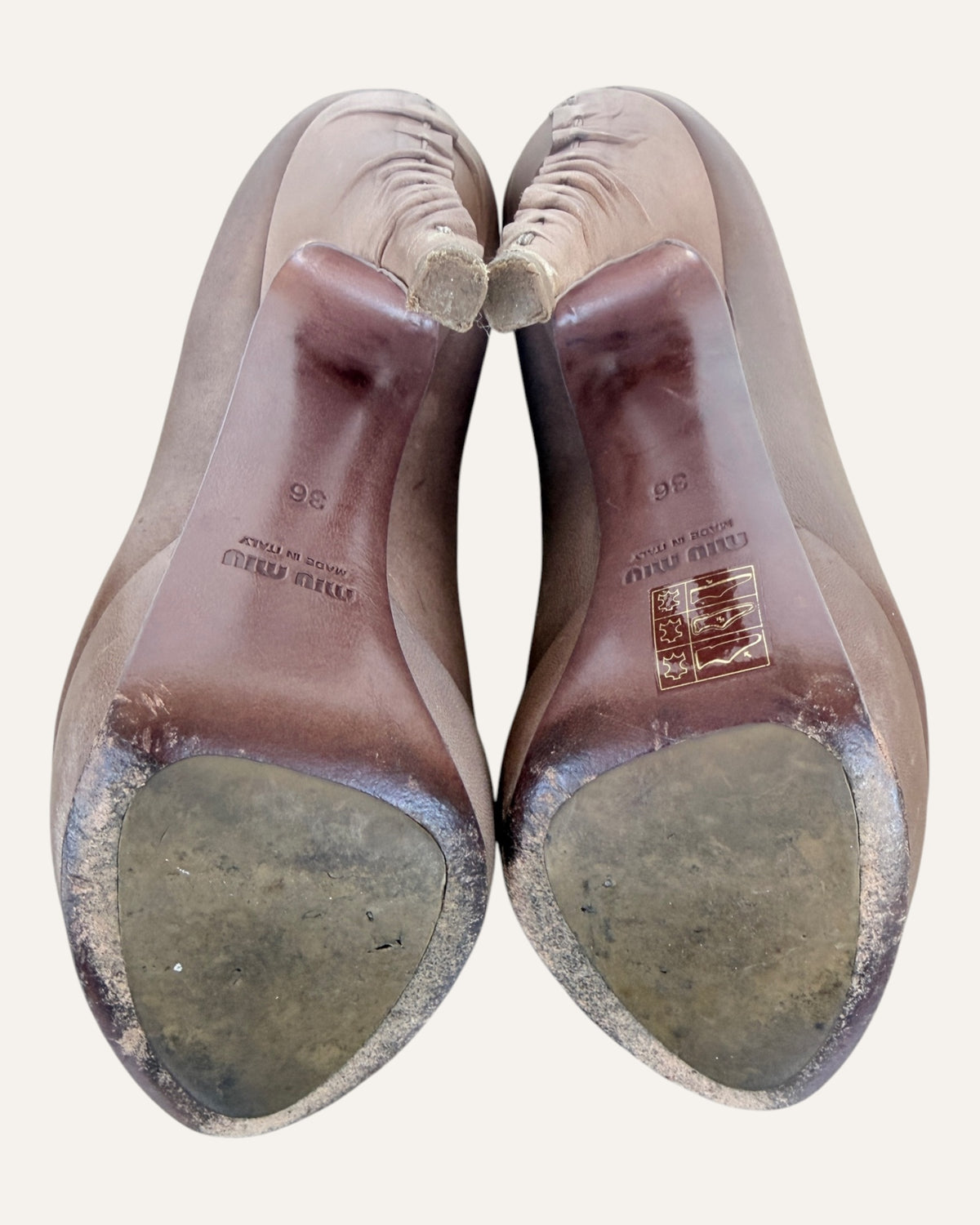 Miu Miu peep toe pumps, side view, washed nappa leather platform heel