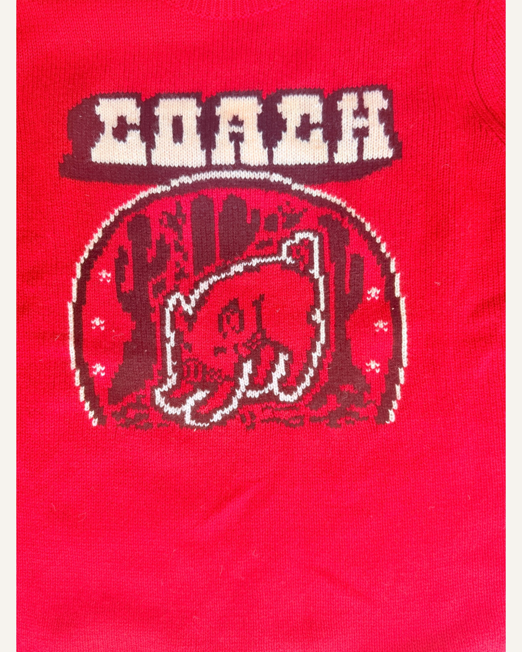 Coach red pig intarsia wool-cashmere crewneck sweater with Western lettering and desert graphic, size S