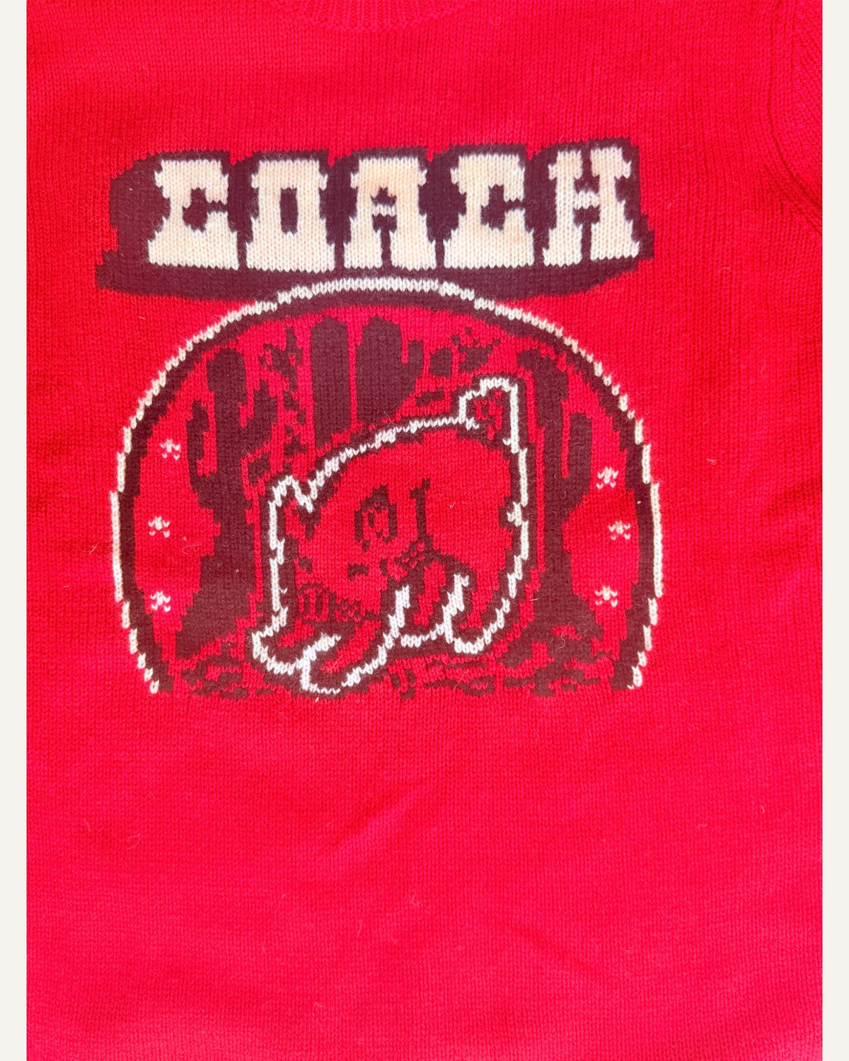 Coach red pig intarsia wool-cashmere crewneck sweater with Western lettering and desert graphic, size S