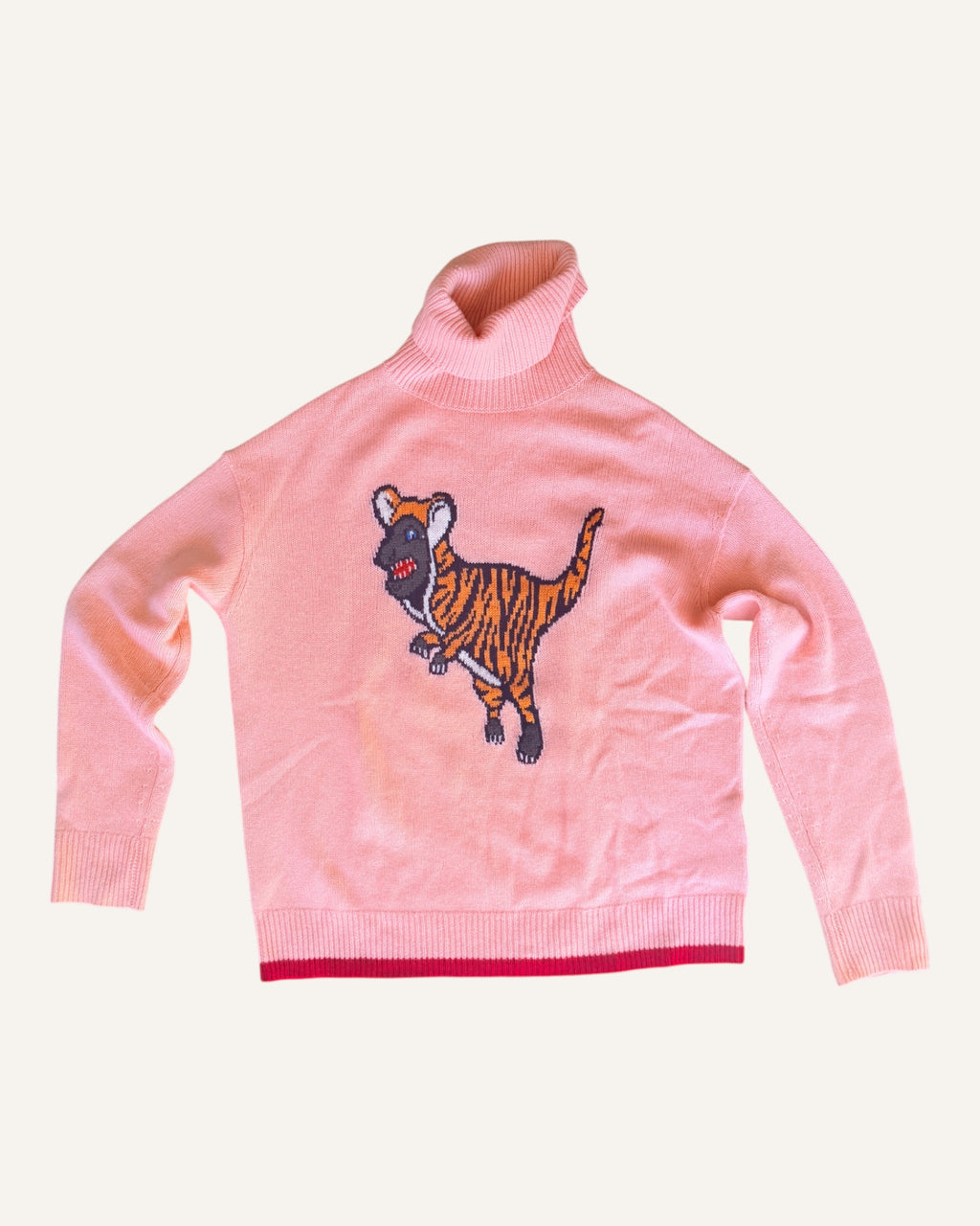 Coach pink Rexy tiger intarsia wool-cashmere turtleneck sweater with glitter hem, size S
