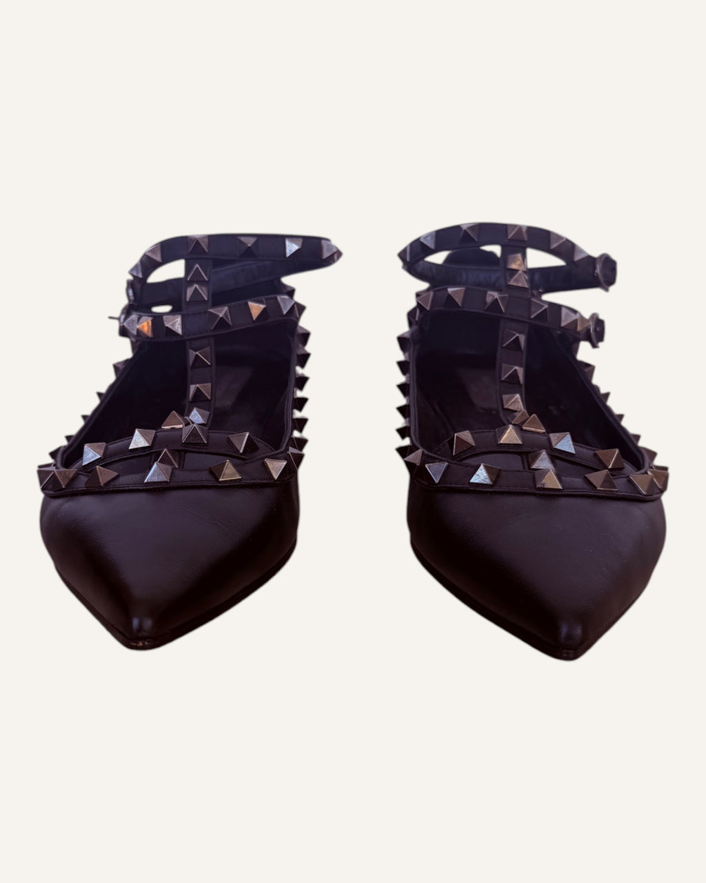 Valentino Garavani black leather Rockstud caged ballet flats with pyramid studs and ankle strap, size 39