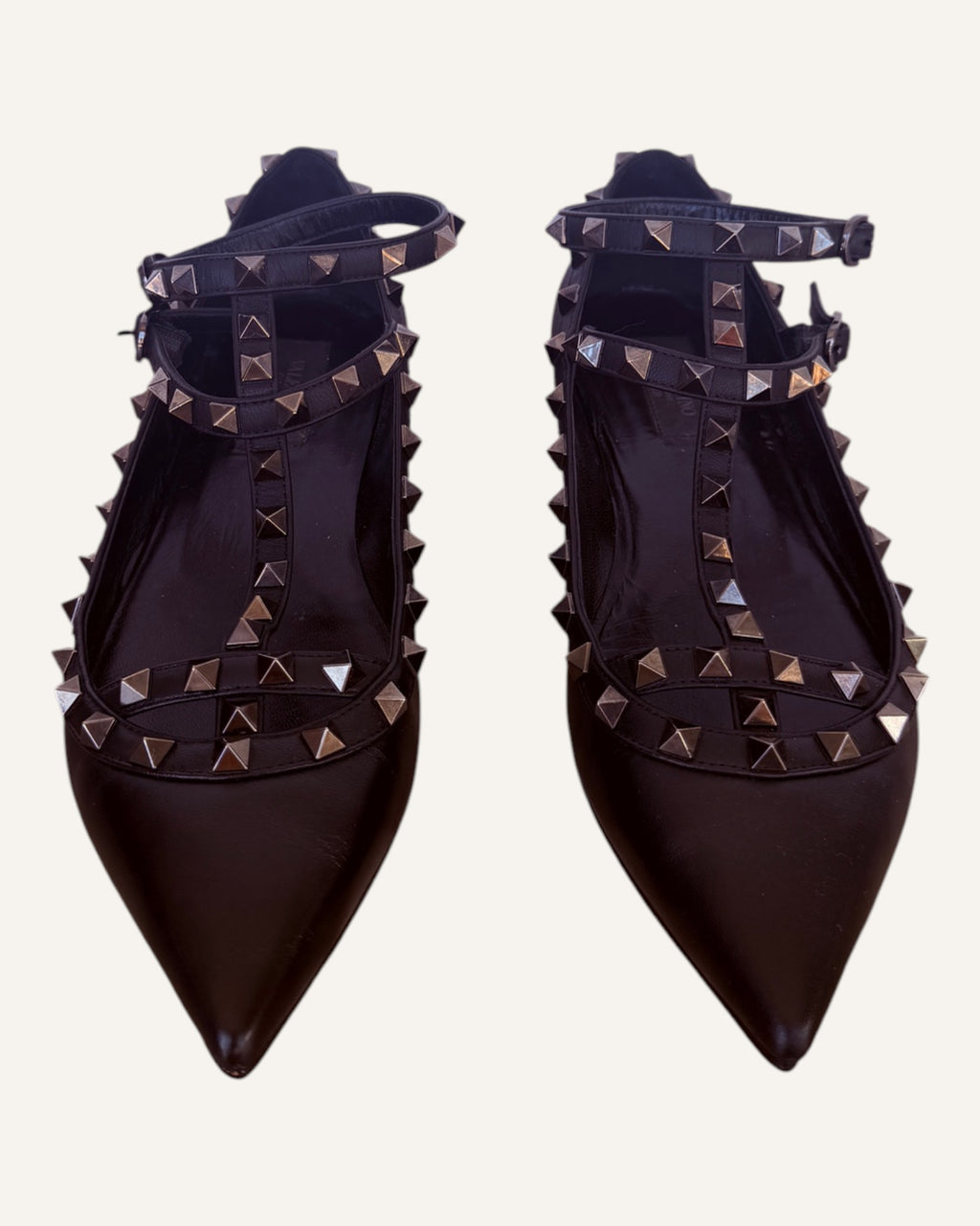 Valentino Garavani black leather Rockstud caged ballet flats with pyramid studs and ankle strap, size 39