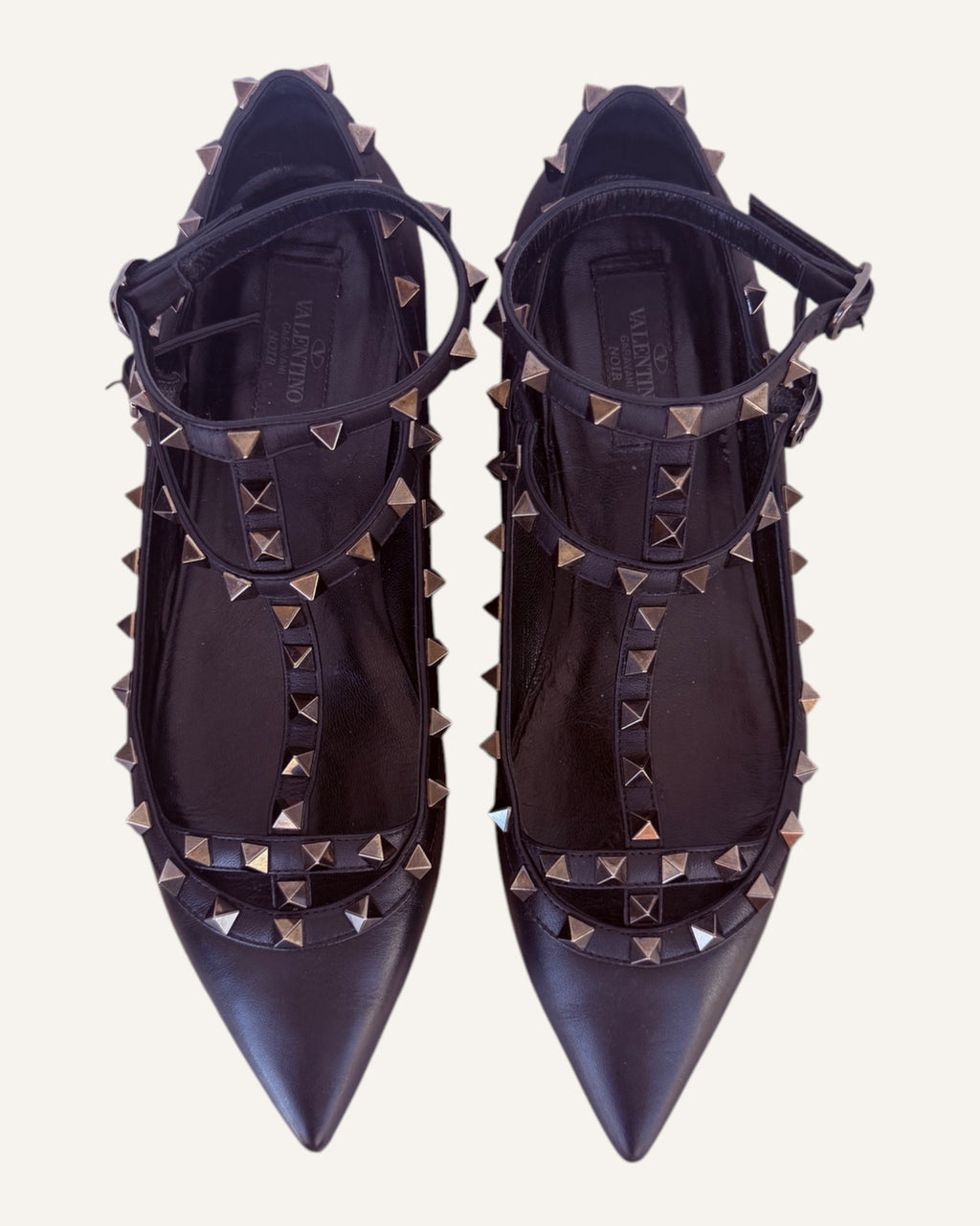 Valentino Garavani black leather Rockstud caged ballet flats with pyramid studs and ankle strap, size 39