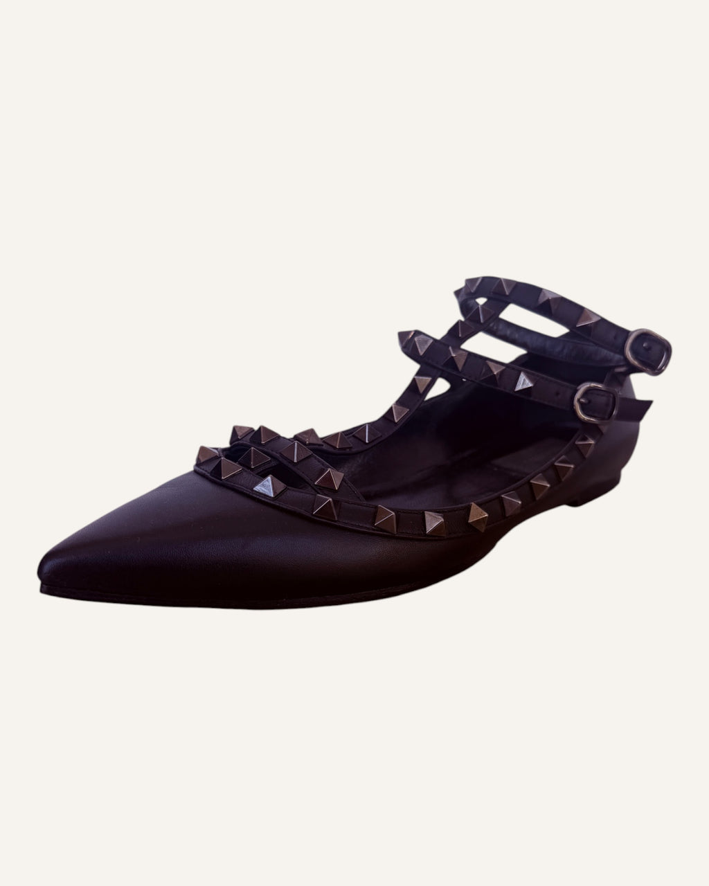 Valentino Garavani black leather Rockstud caged ballet flats with pyramid studs and ankle strap, size 39