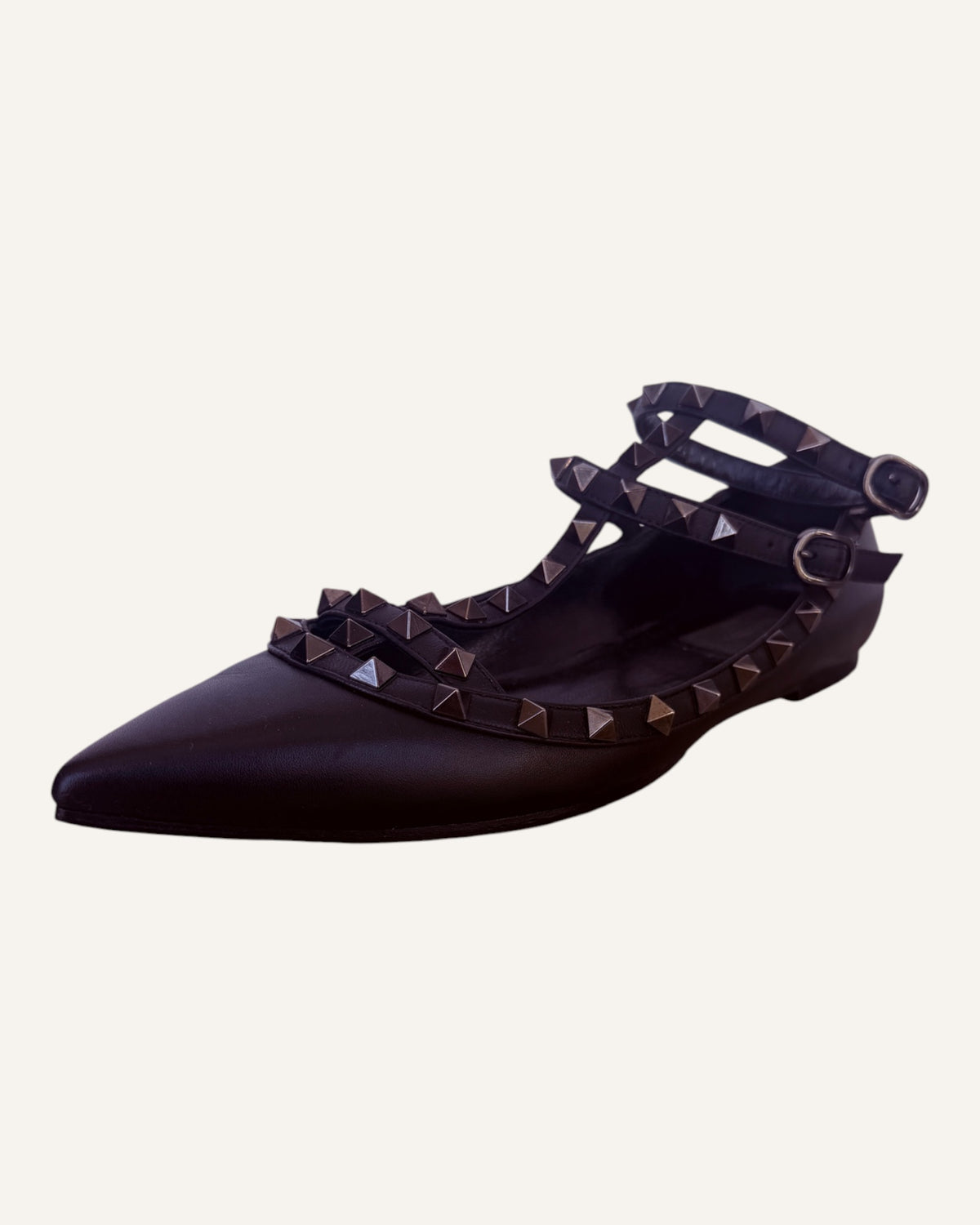 Valentino Garavani black leather Rockstud caged ballet flats with pyramid studs and ankle strap, size 39