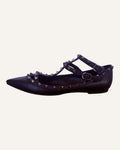 Valentino Garavani black leather Rockstud caged ballet flats with pyramid studs and ankle strap, size 39