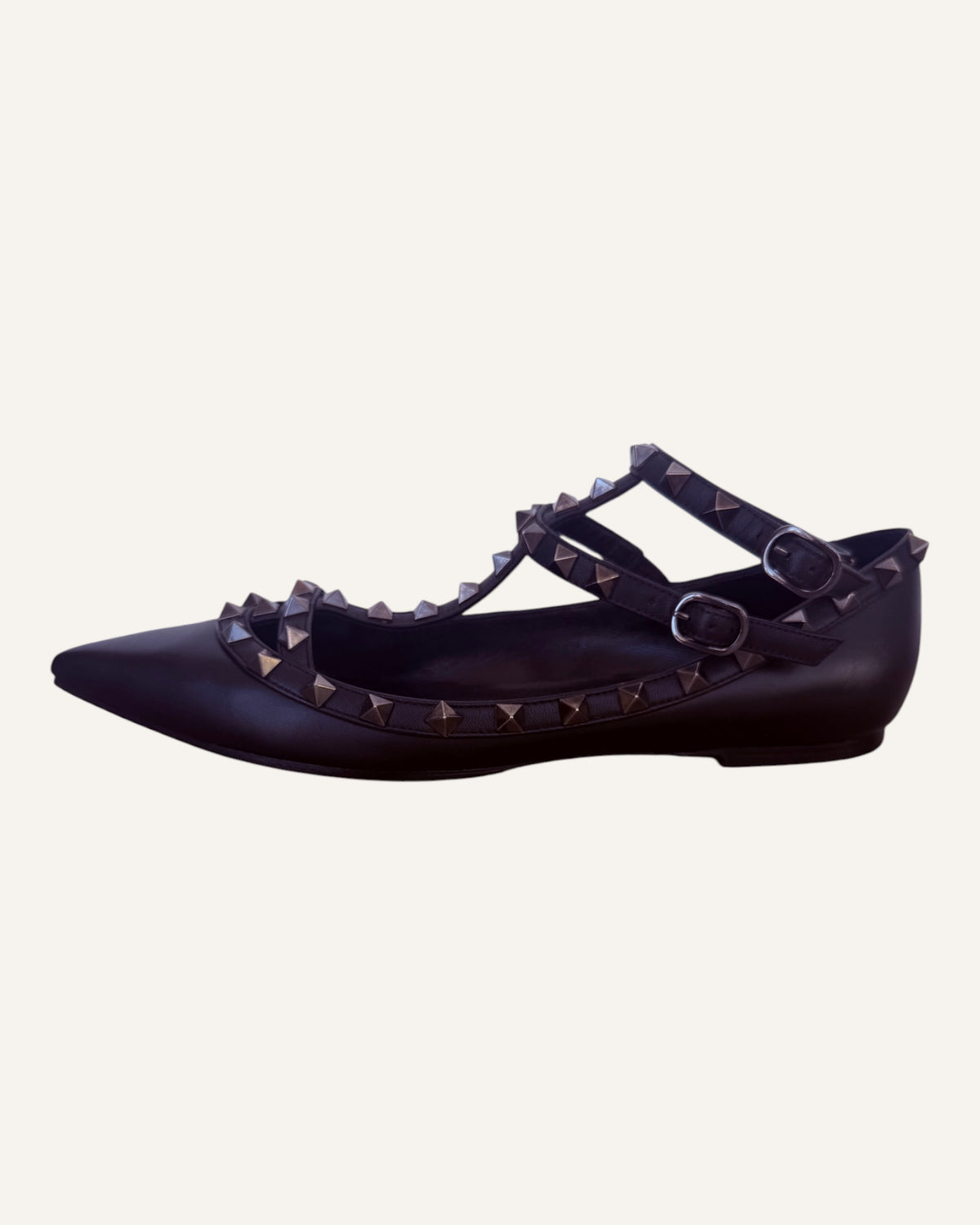 Valentino Garavani black leather Rockstud caged ballet flats with pyramid studs and ankle strap, size 39