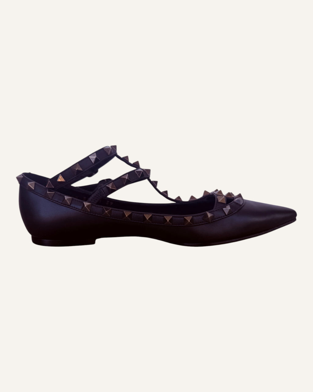Valentino Garavani black leather Rockstud caged ballet flats with pyramid studs and ankle strap, size 39