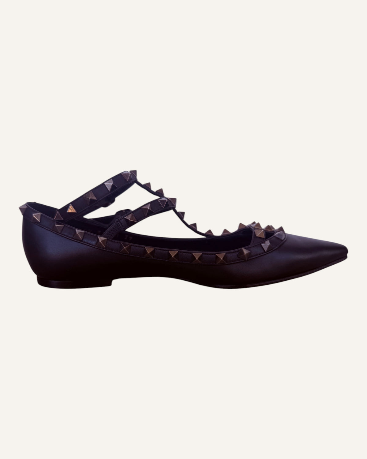 Valentino Garavani black leather Rockstud caged ballet flats with pyramid studs and ankle strap, size 39
