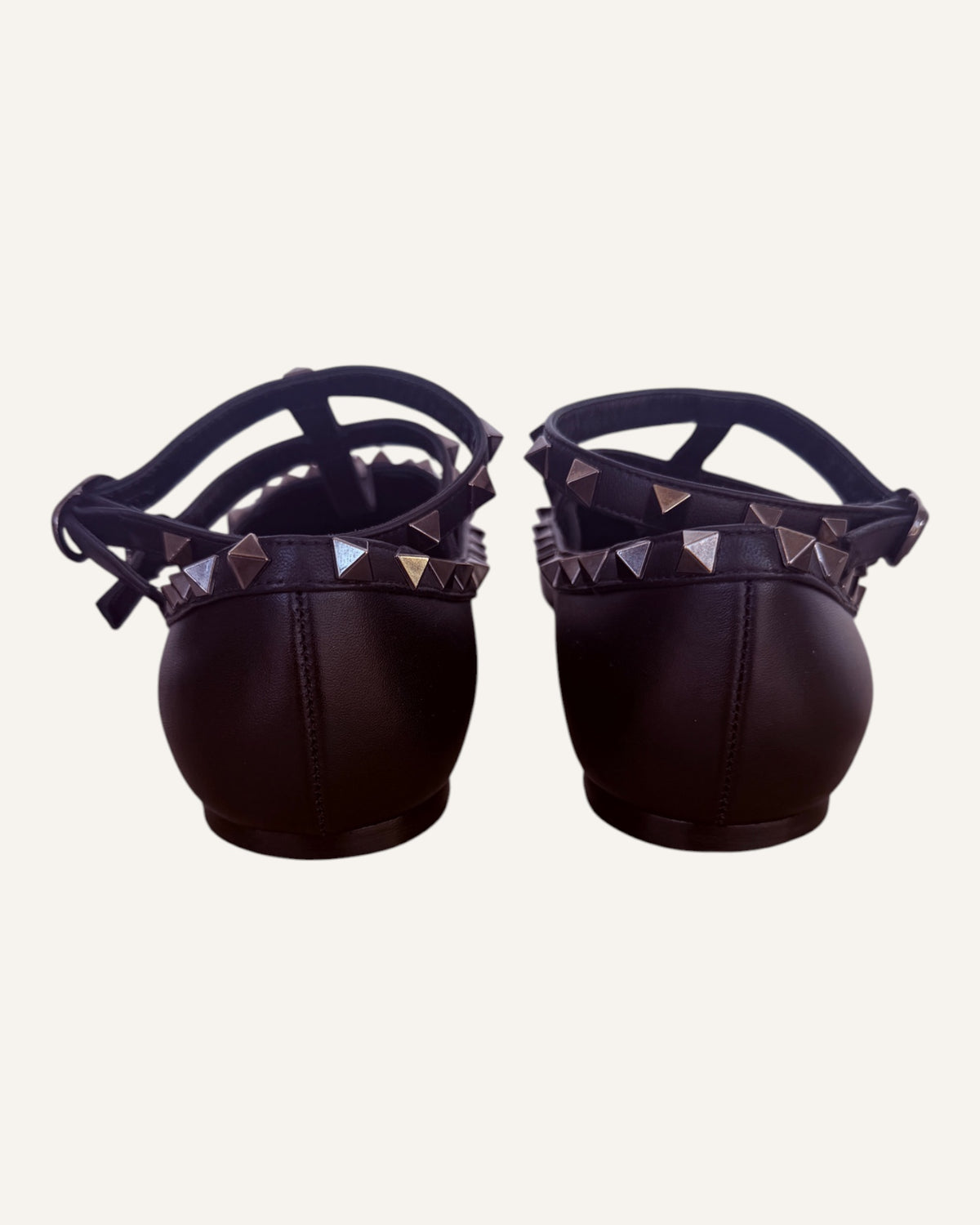 Valentino Garavani black leather Rockstud caged ballet flats with pyramid studs and ankle strap, size 39