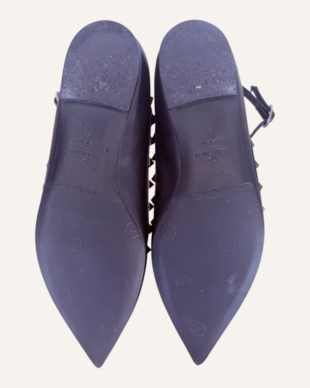 Valentino Garavani black leather Rockstud caged ballet flats with pyramid studs and ankle strap, size 39