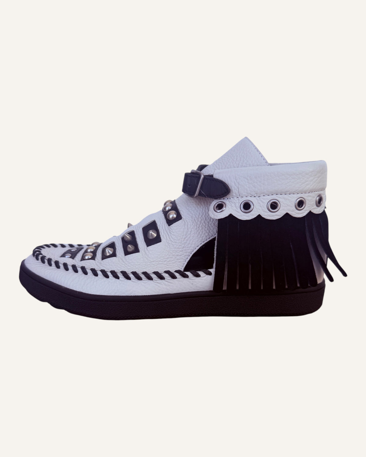 Coach 1941 Roccasin white leather studded fringe cutout booties with whipstitched moc toe and buckled ankle strap, pre-loved designer shoes