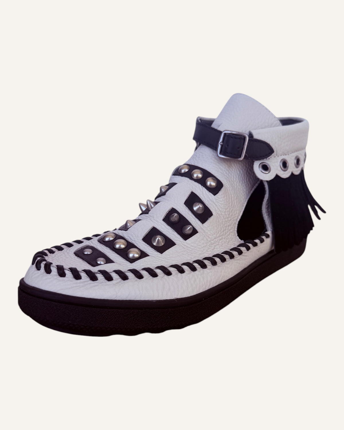 Coach 1941 Roccasin white leather studded fringe cutout booties with whipstitched moc toe and buckled ankle strap, pre-loved designer shoes