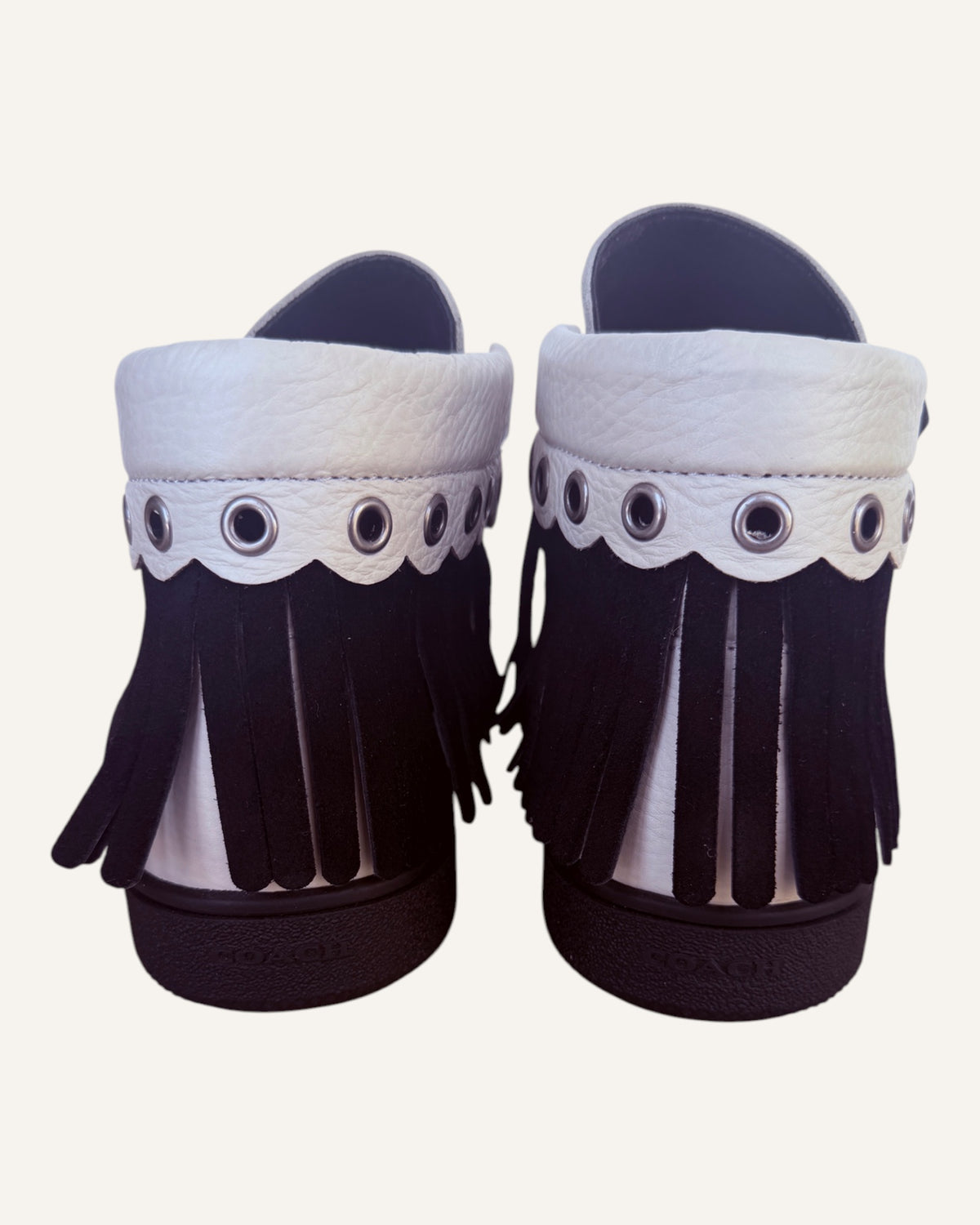 Coach 1941 Roccasin white leather studded fringe cutout booties with whipstitched moc toe and buckled ankle strap, pre-loved designer shoes