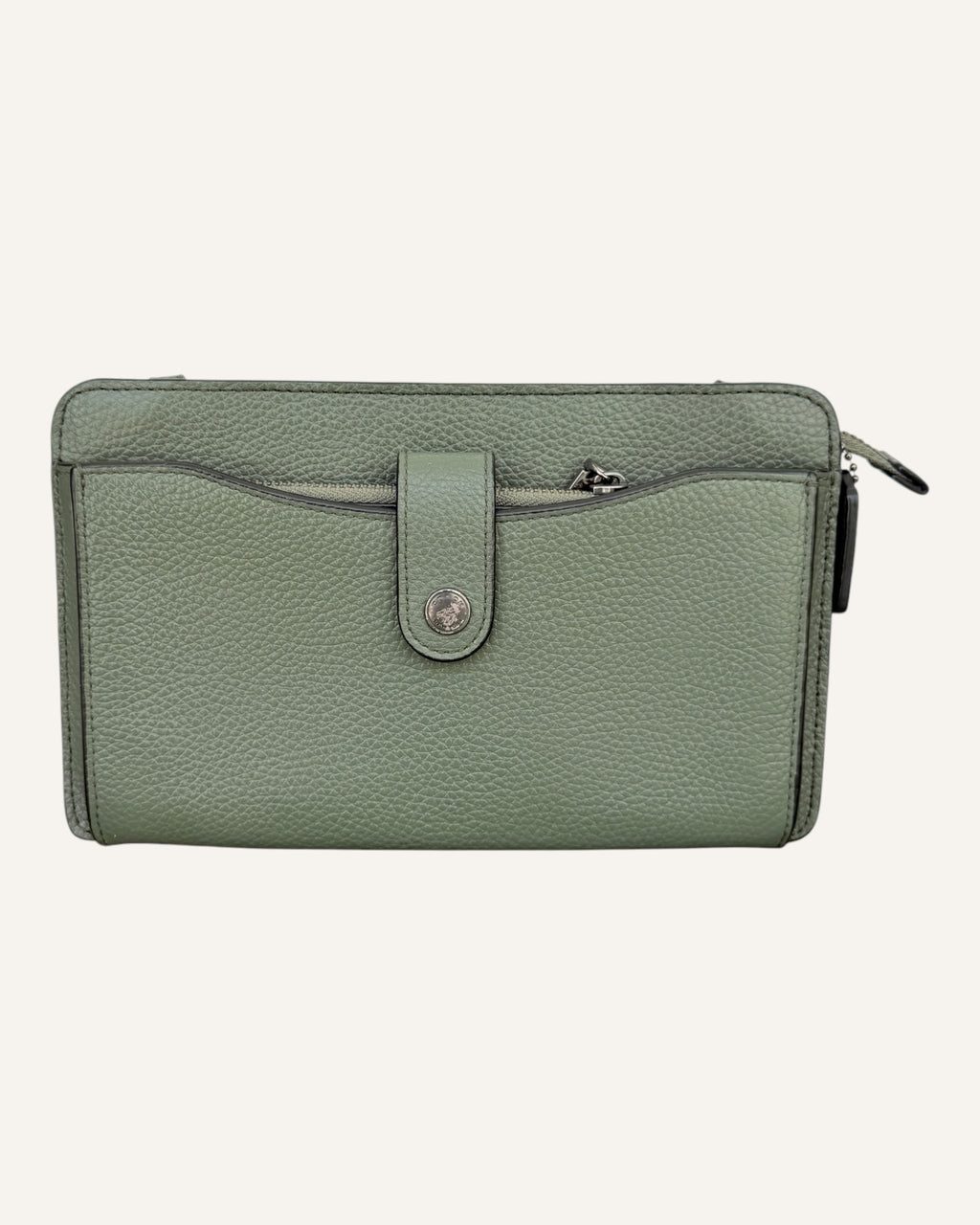 Coach sage green pebbled leather crossbody wallet with snap-tab pocket, silver hardware and detachable strap