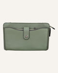 Coach sage green pebbled leather crossbody wallet with snap-tab pocket, silver hardware and detachable strap