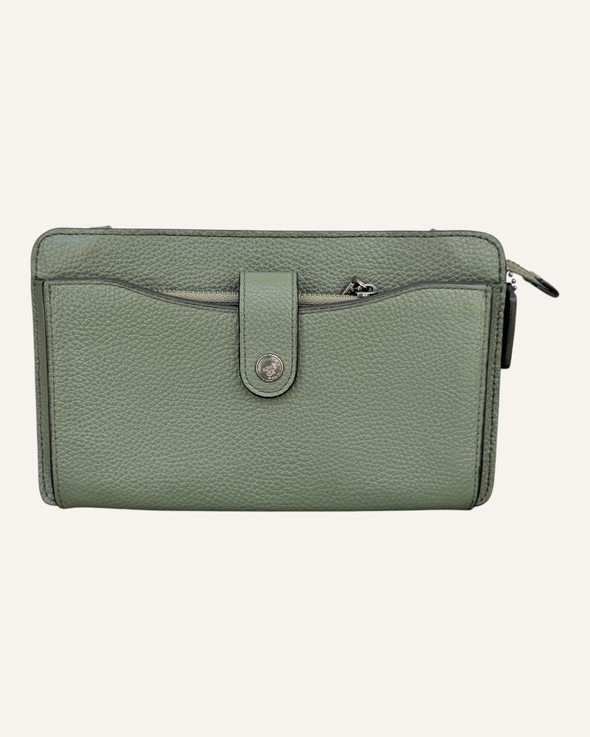 Coach sage green pebbled leather crossbody wallet with snap-tab pocket, silver hardware and detachable strap