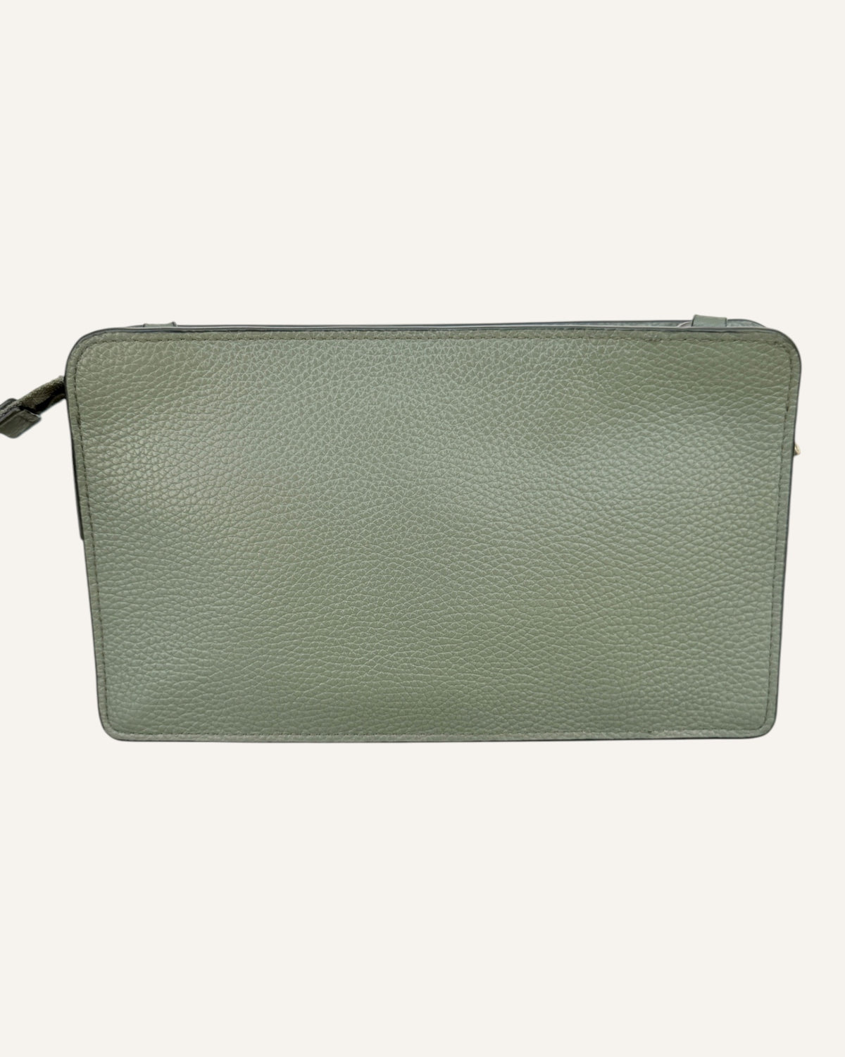 Coach sage green pebbled leather crossbody wallet with snap-tab pocket, silver hardware and detachable strap