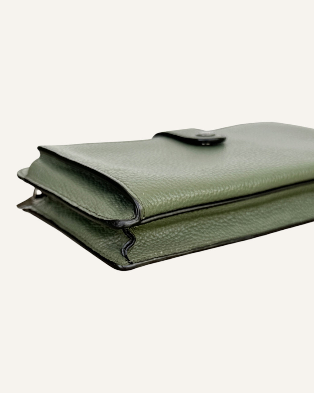 Coach sage green pebbled leather crossbody wallet with snap-tab pocket, silver hardware and detachable strap