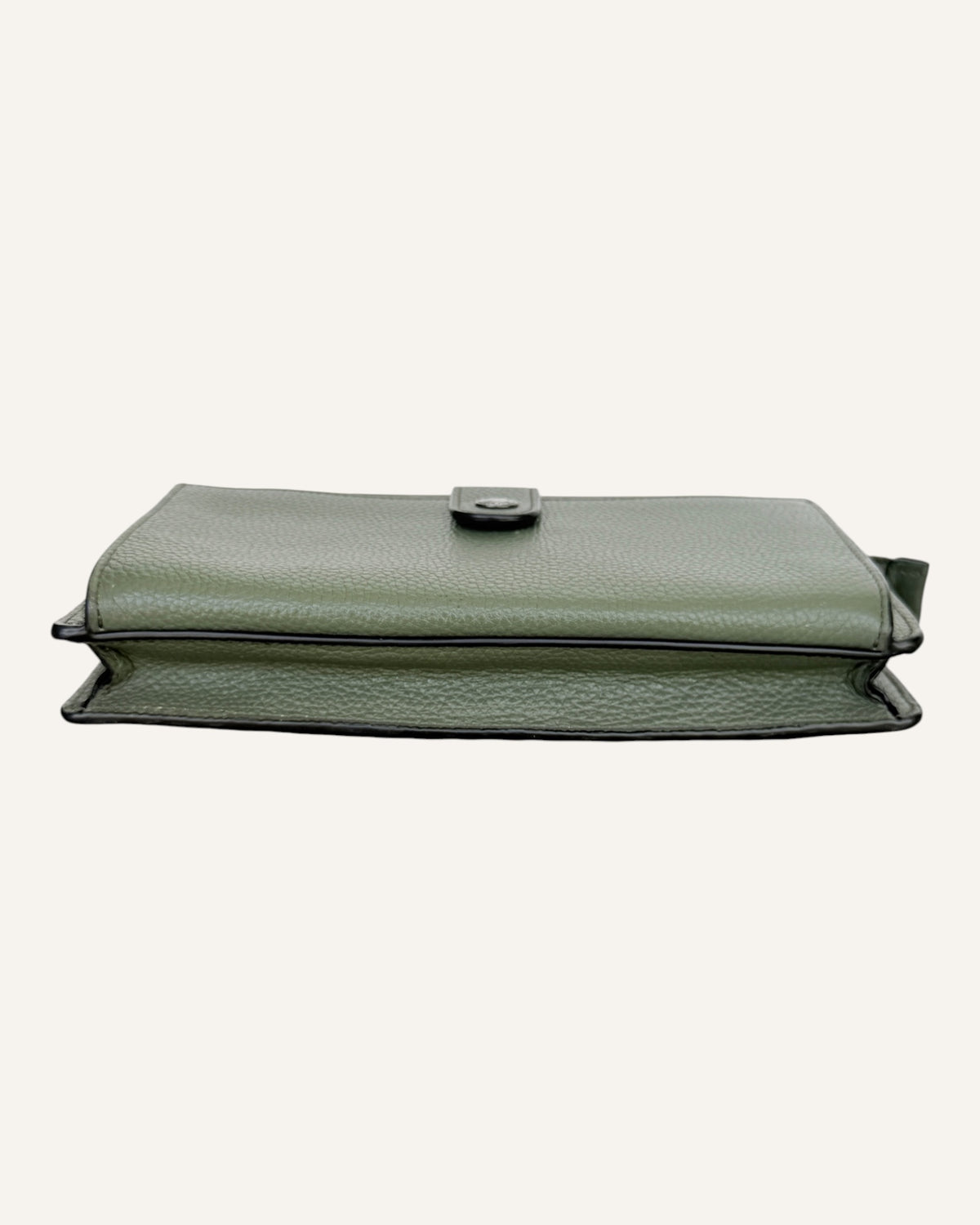 Coach sage green pebbled leather crossbody wallet with snap-tab pocket, silver hardware and detachable strap