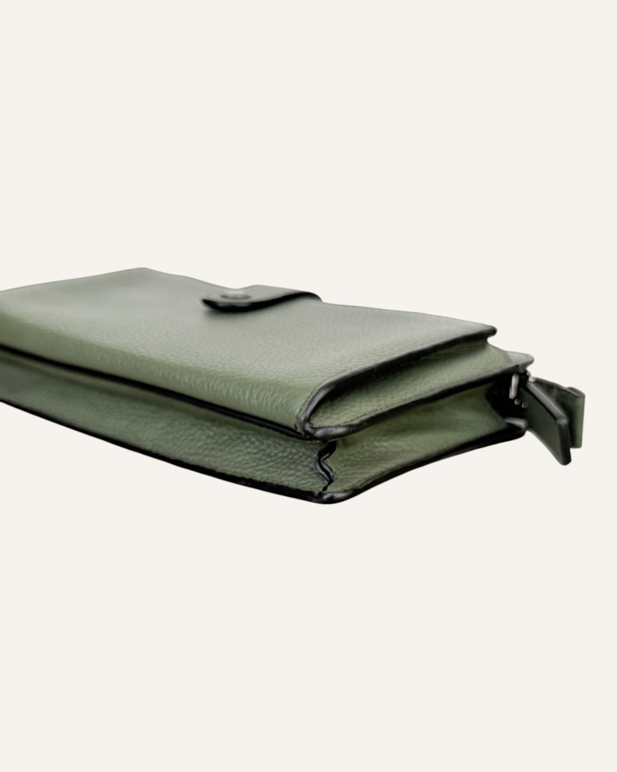 Coach sage green pebbled leather crossbody wallet with snap-tab pocket, silver hardware and detachable strap