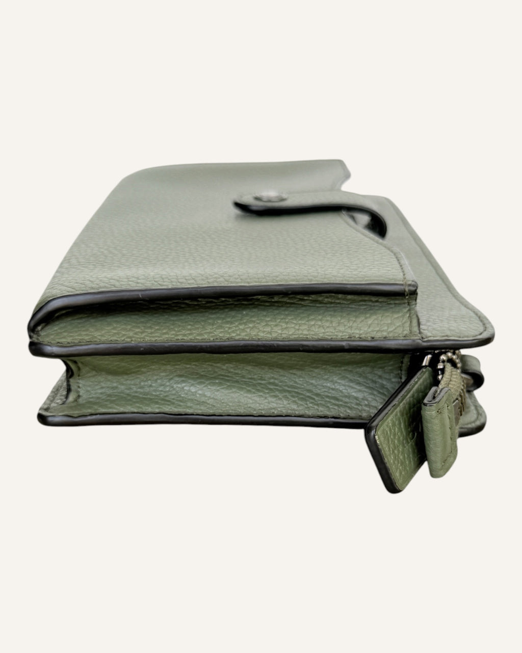 Coach sage green pebbled leather crossbody wallet with snap-tab pocket, silver hardware and detachable strap