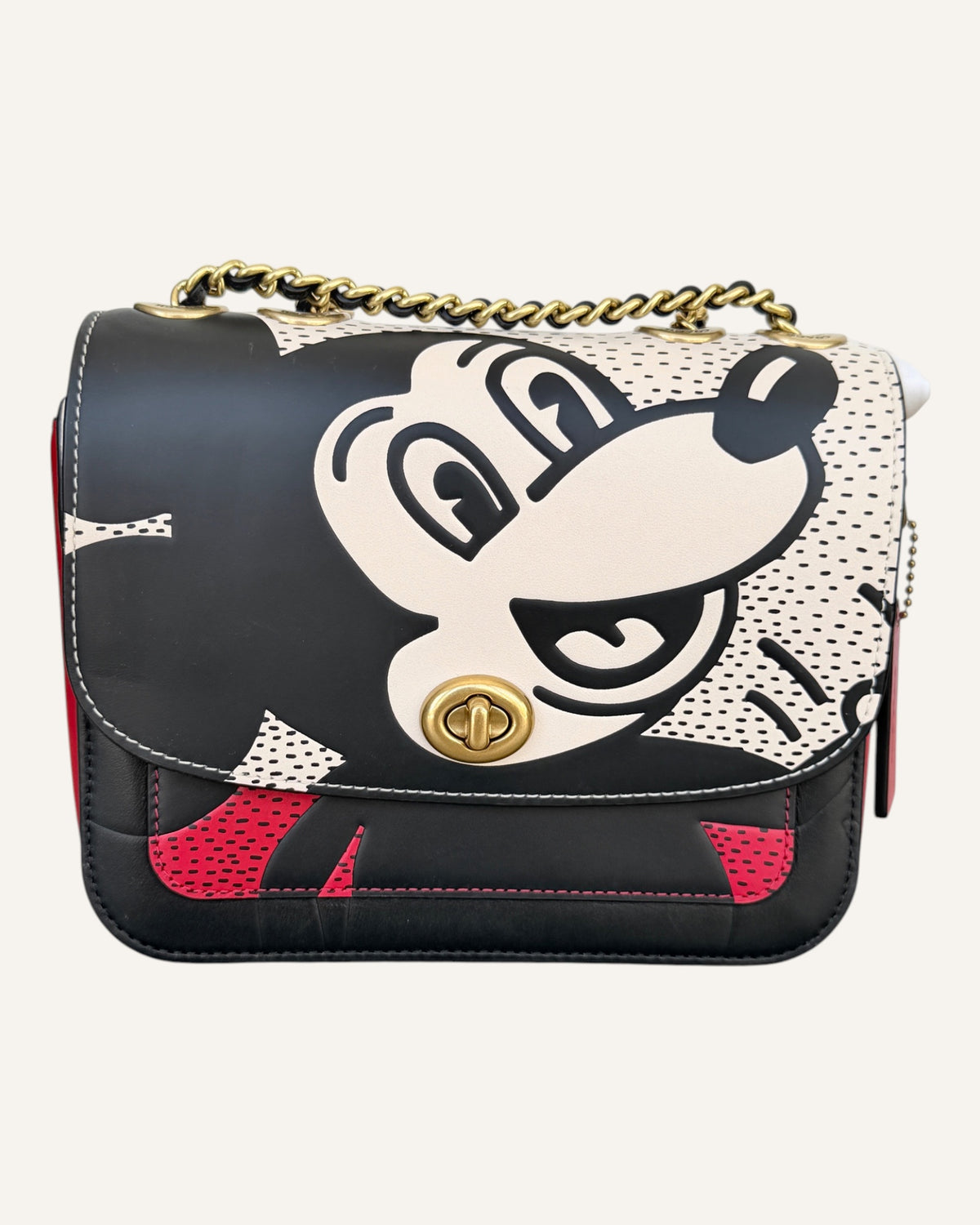 Coach x Disney x Keith Haring Mickey Mouse chain shoulder bag in black, cream and red leather with gold turnlock