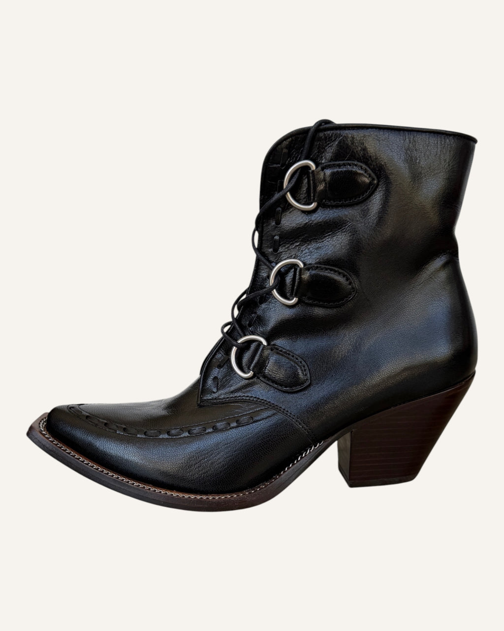 Coach black leather D-ring lace-up Western ankle boots with elongated toe and stacked heel, size 8.5