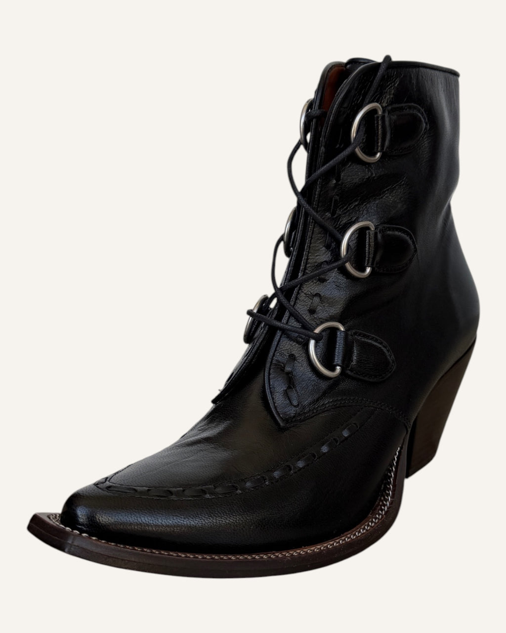 Coach black leather D-ring lace-up Western ankle boots with elongated toe and stacked heel, size 8.5