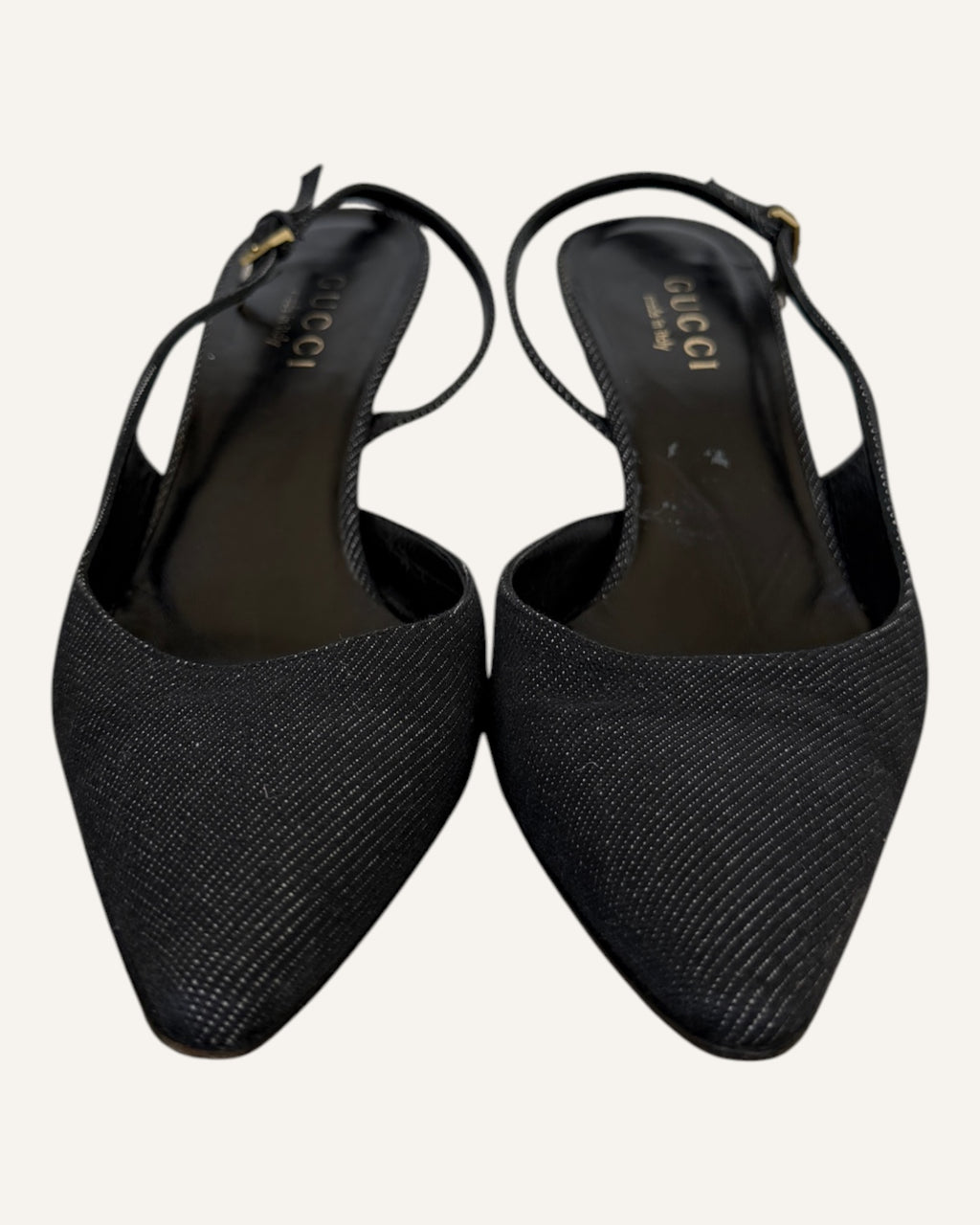 Gucci black textured pointed-toe slingback kitten heels with gold-tone buckles, size 38