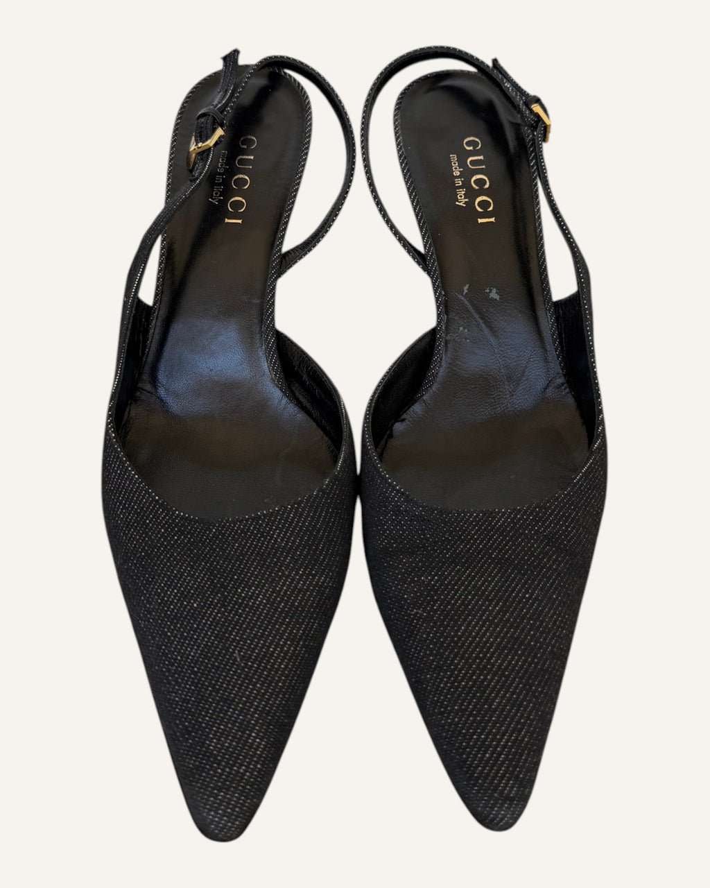 Gucci black textured pointed-toe slingback kitten heels with gold-tone buckles, size 38