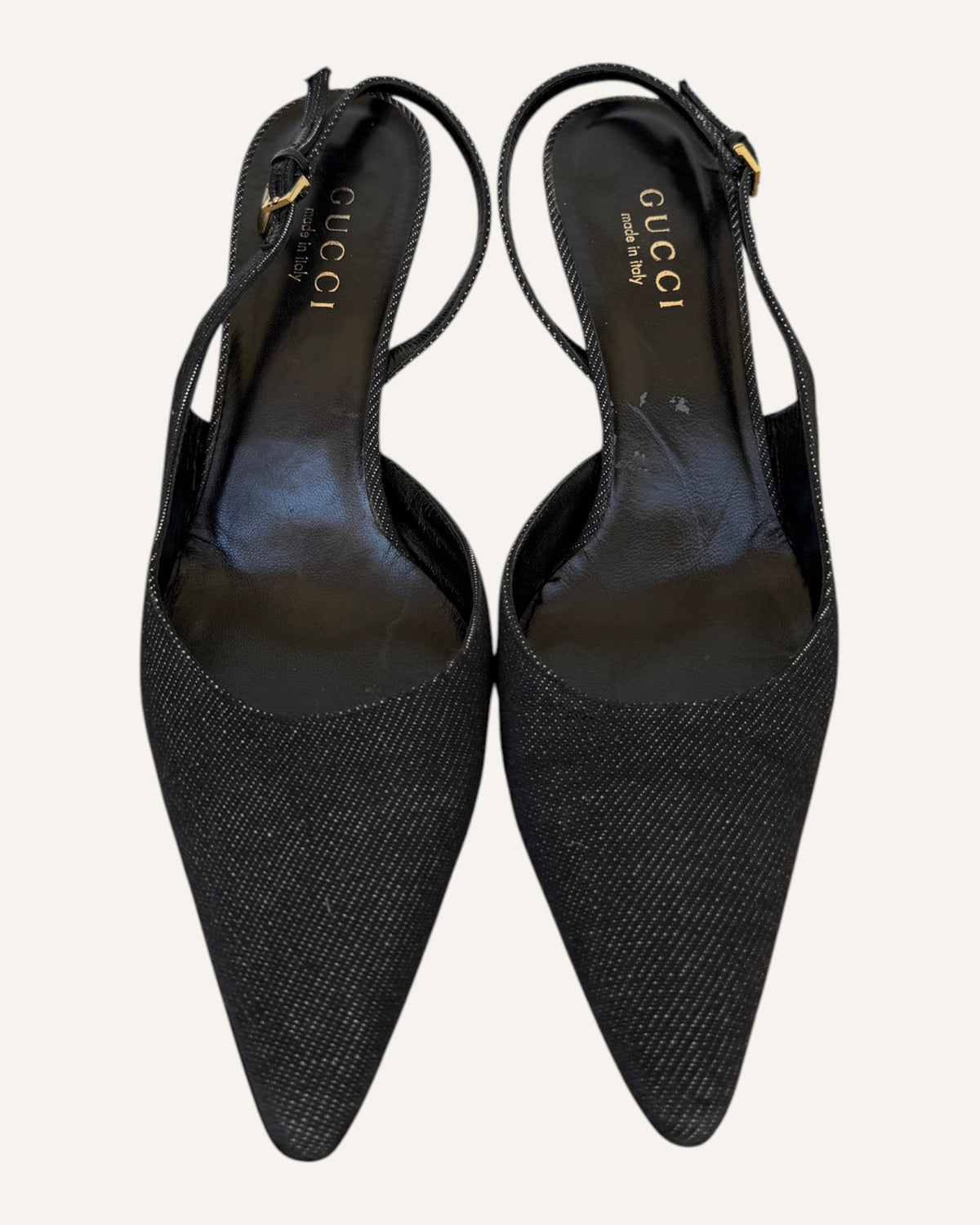 Gucci black textured pointed-toe slingback kitten heels with gold-tone buckles, size 38