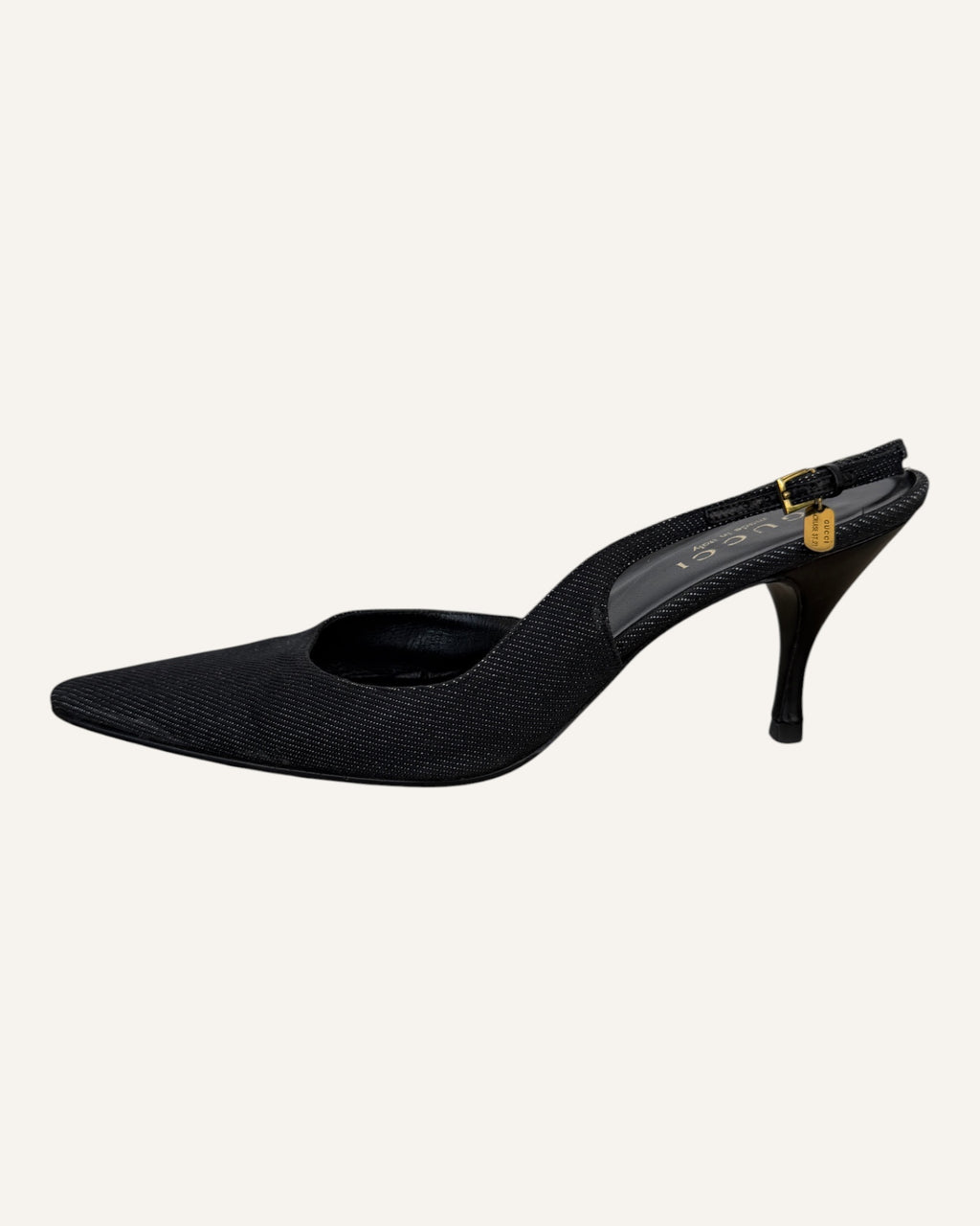 Gucci black textured pointed-toe slingback kitten heels with gold-tone buckles, size 38