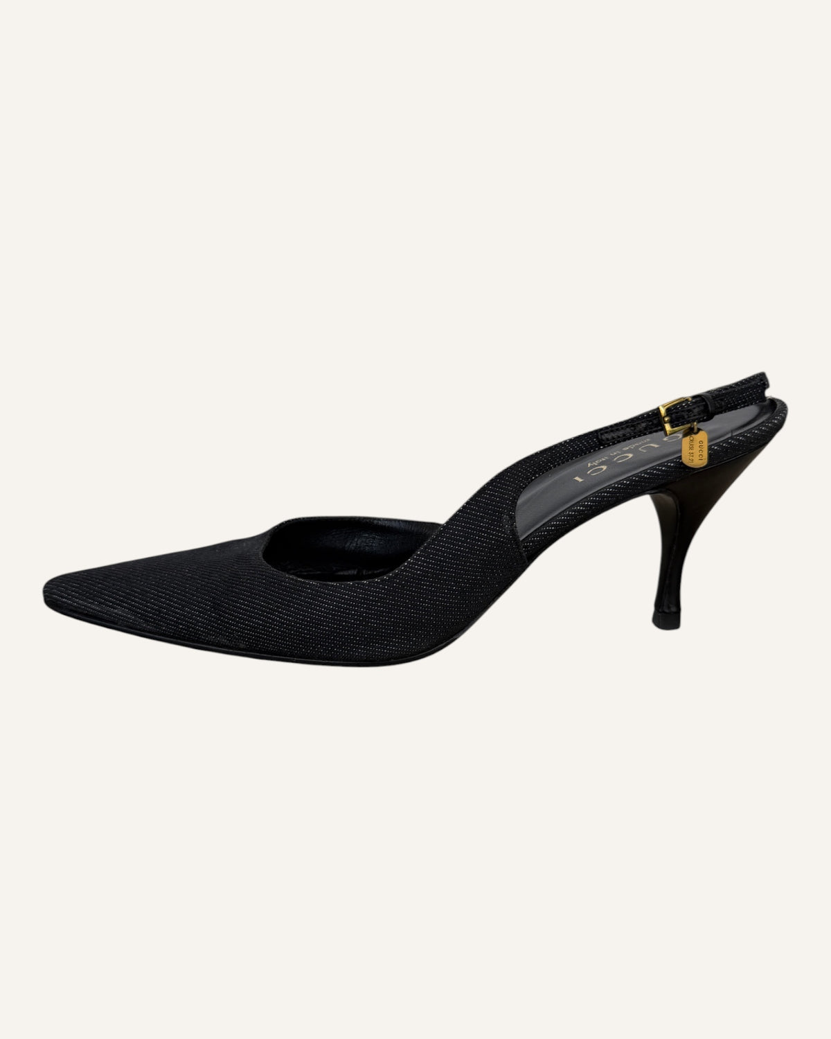 Gucci black textured pointed-toe slingback kitten heels with gold-tone buckles, size 38
