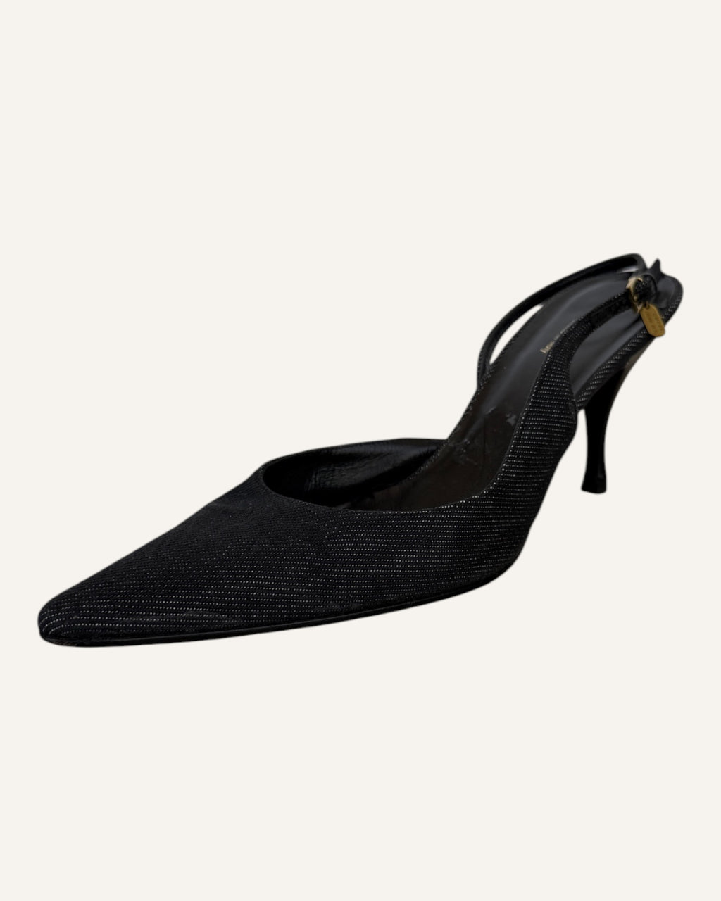 Gucci black textured pointed-toe slingback kitten heels with gold-tone buckles, size 38